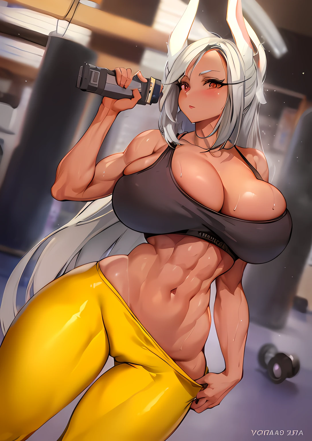anime girl with bunny ears holding a gun and posing, chun li at the gym, tifa lockhart with white hair, muscular girl, ashe, thicc, (sfw) safe for work, sfw version, muscular! cyberpunk, muscular!, working out, fit girl, commission for high res, muscular!!, in a gym, muscle, bursting with muscles