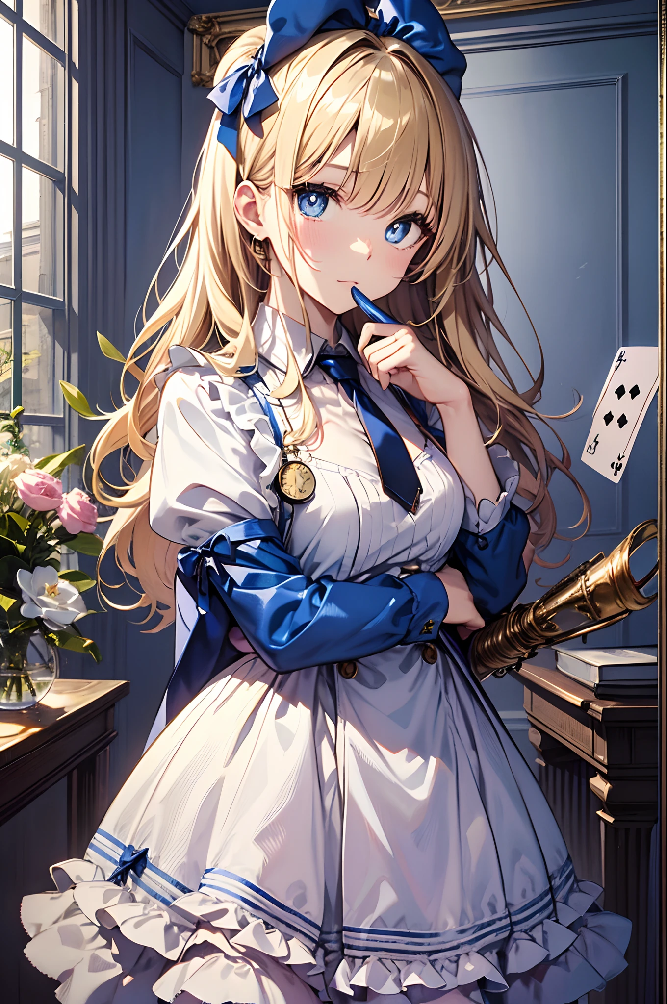 (Official art、Best Quality、Unity 8k Wallpapers、32K、masterpiece、ultra-detailliert、超A high resolution)、Best Shadows、Fantastical、Detailed eyes and noses、Realistic pupils、Sharp pupils、((alice in the wonderland))、a blond、Tie your hair with a ribbon、Blue colored eyes、Blue Apron Dress、white sock、PlayingCards、Chasing rabbits、Pocket watch on the waist、