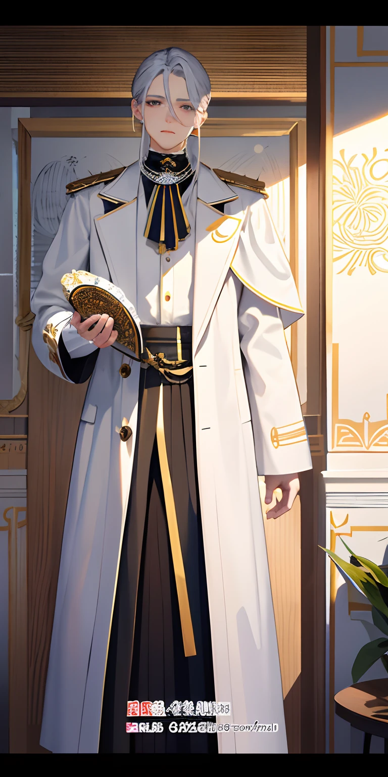 1men，the wallpaper, On the outside, it is a white men's trench coat, but it is more inclined to a men's suit dress，Inside is a white shirt，White top hat，White trousers and white leather shoes，He holds a unique hand，There are holes in the mask only for the eyes and breathing，One other whiteboard，Very bright，There are no stains。

Dressed retro and sophisticated，The armor on the shoulders and bracers gave a feeling of heaviness，The hem design resembles a midi skirt and the fine pattern on the back，There is also a circle of gold patterns around all the edges of the garment, giving it an aristocratic feel。