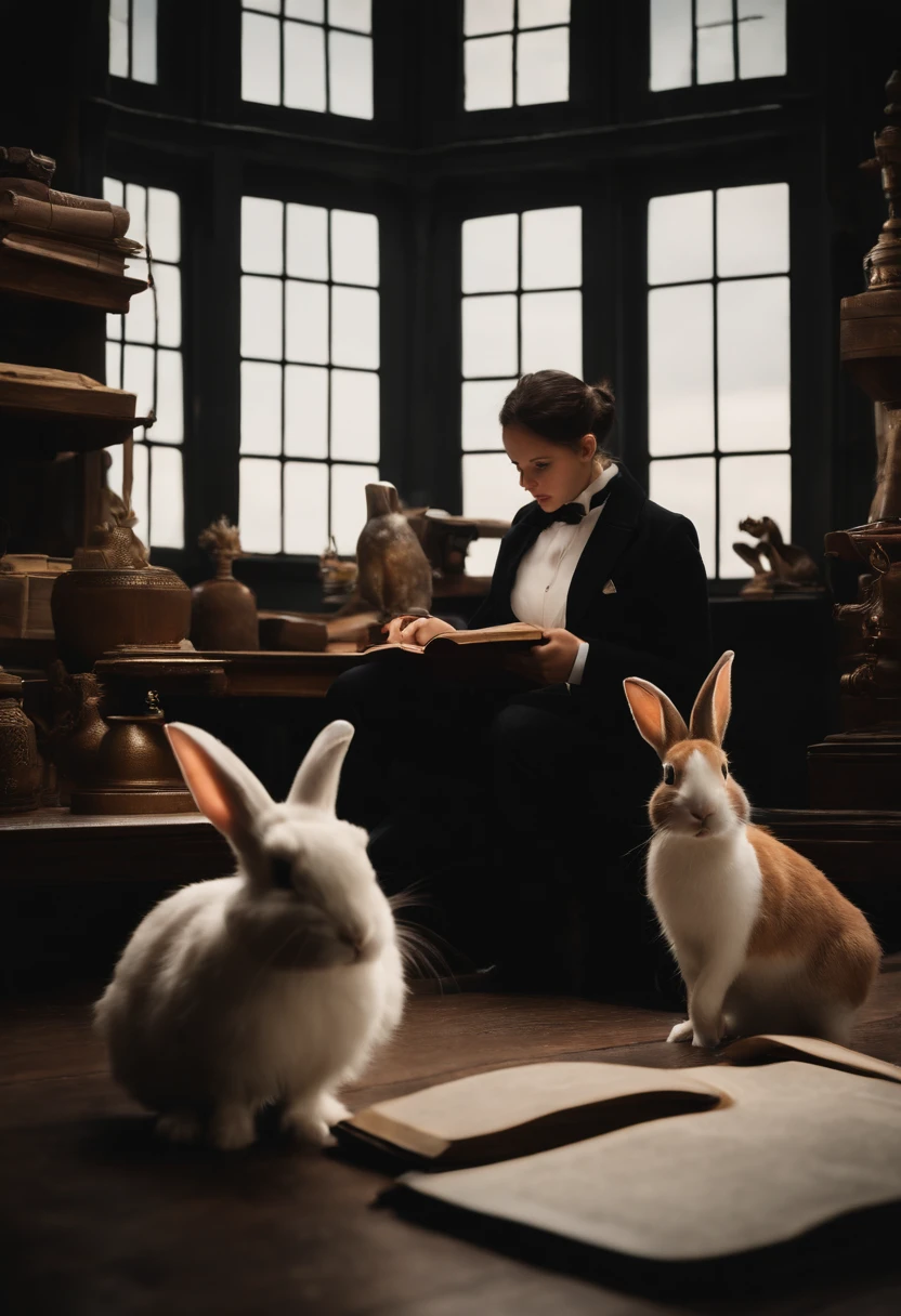Two people、Girl and rabbit in a tailcoat、Sit on top of a huge type of spread、Unravel the mystery、A rabbit uses a large magnifying glass to look at the print of a human book、