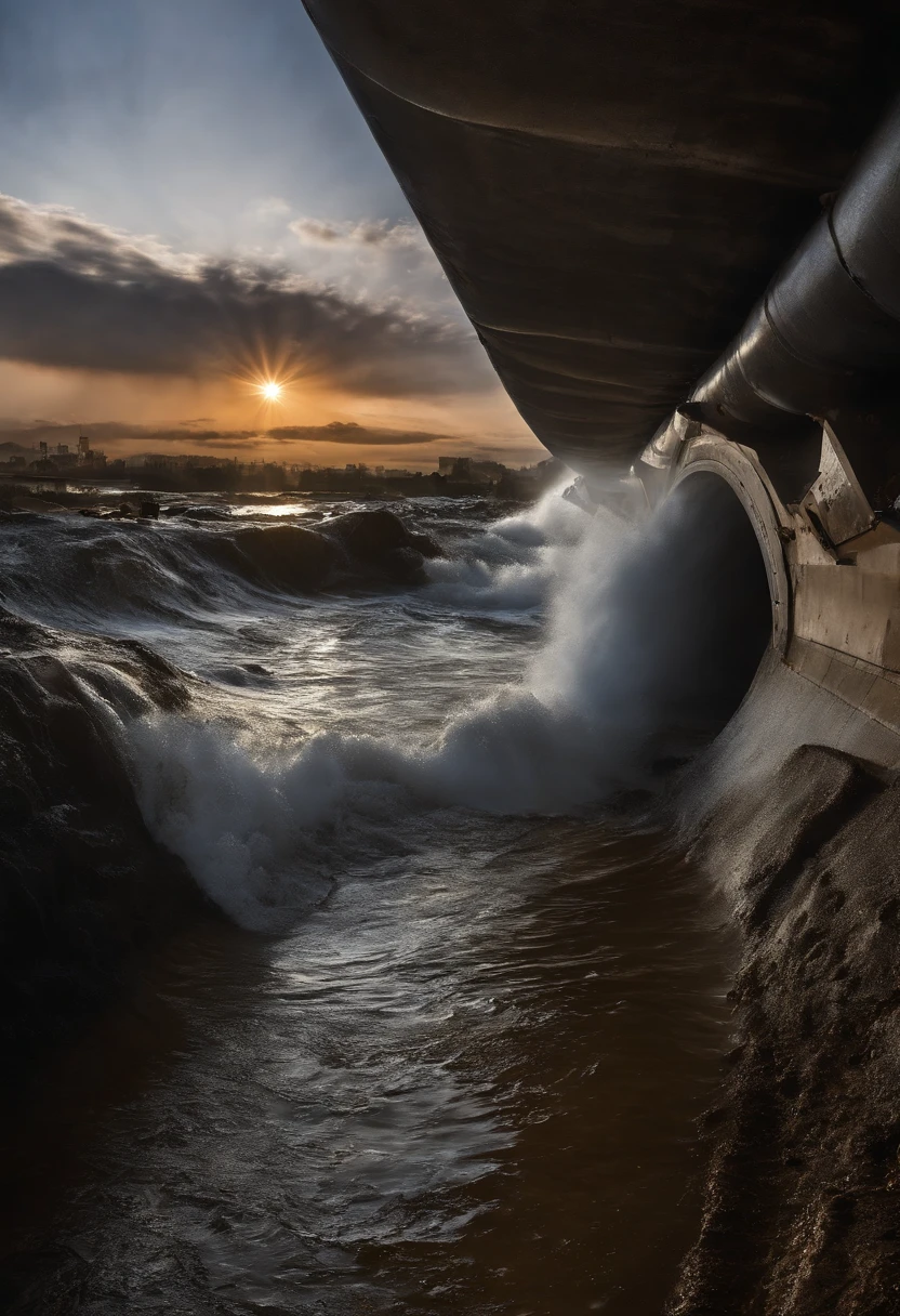 Underground water pipelines，Industrial Pollution，Wastewater discharge，tornado，Tidal waves，tornado，typhoon，The swell of the sea，Armageddon，Greatwave，destroy，disrupt，，lakes，High water level，bottomless，Run-down city creates a cinematic apocalyptic cityscape