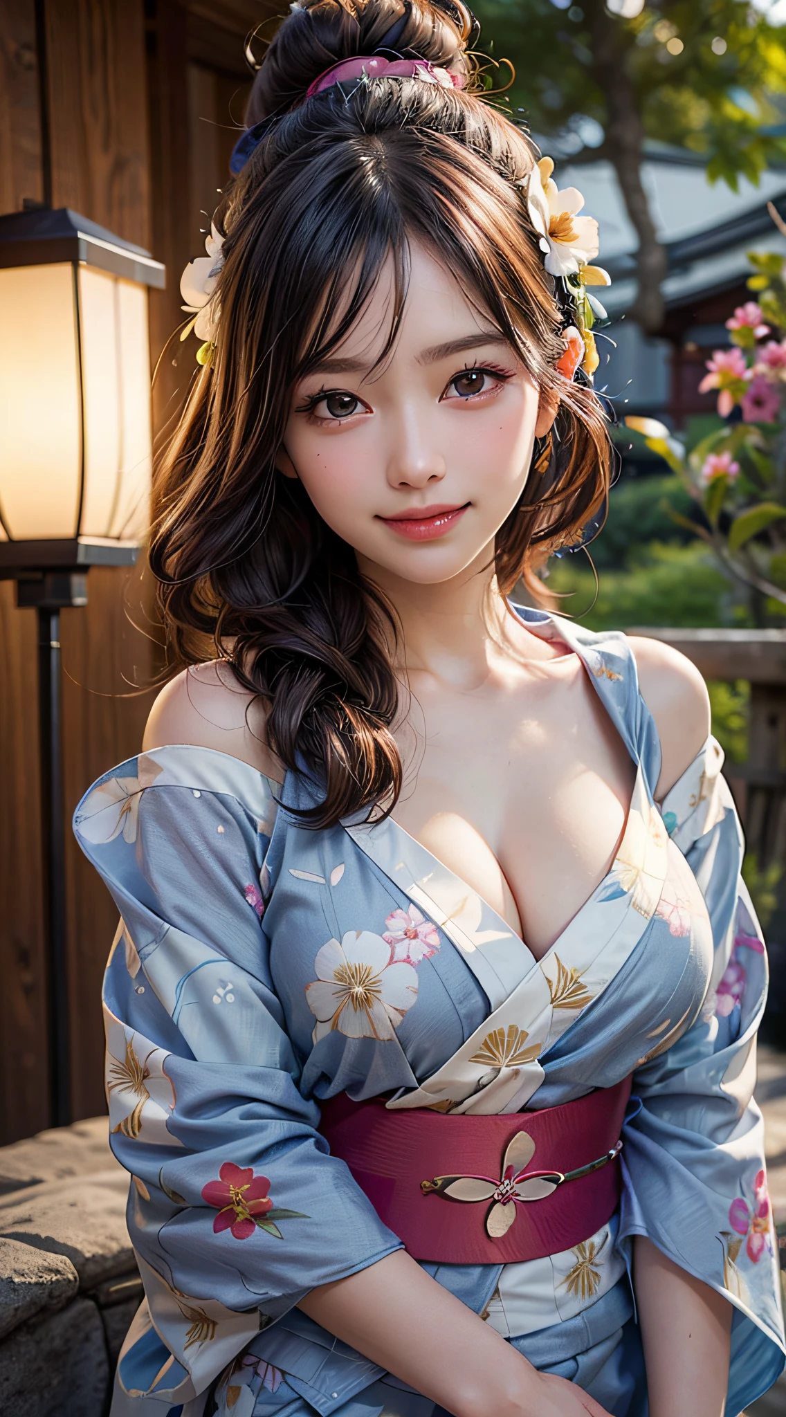 (***ung girl), Extremely cute face, Amazing face and eyes, (Highly detailed eyes, Highly detailed face), fresh, Very clean appearance, (Hyper-realistic, hight resolution), (Best Quality:1.4), Raw photo, (Realistic, Photorealsitic:1.37), Professional Photography, (floral pattern yukata:1.5), (Open yukata), (cleavage:1.2), (Bare shoulders), Smile slightly, (Staring at me), Bedroom, girl portrait,