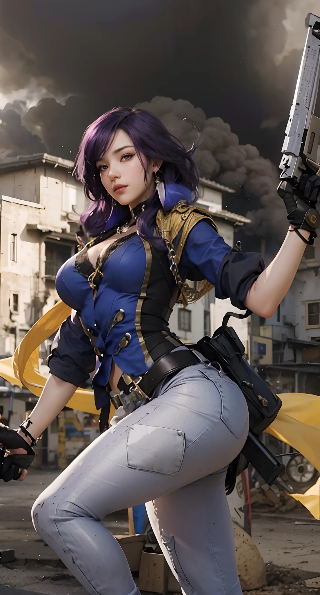Real life adaption of this character, beauty face,looking to viewer,realistic same purple hair,realistic battlefield background with black smoke, hyper realistic, realistic light, realistic shadow, realism,(photorealistic:1.2), (realistic same outfit), realistic same accecories , holding Mini-shotgun,Realistic yellow shawl