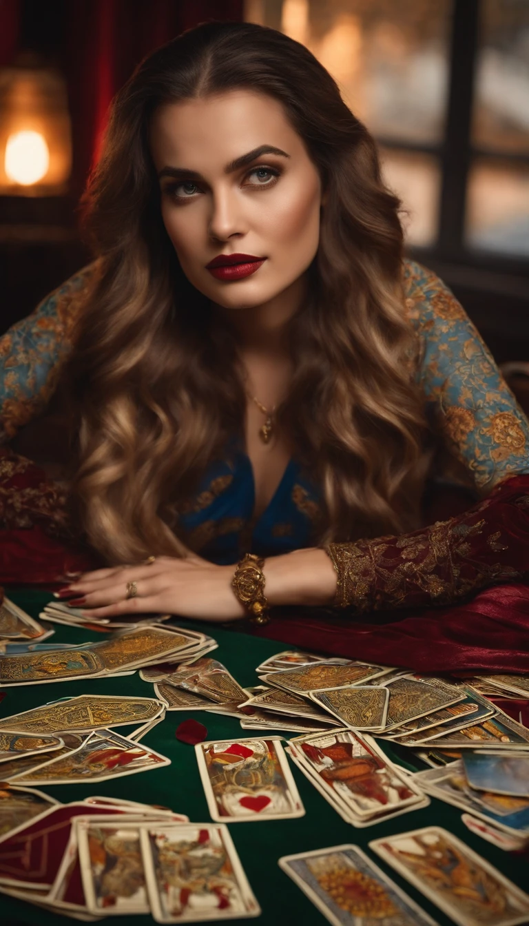 uma mulher realista sentada com cartas de tarot em cima da mesa