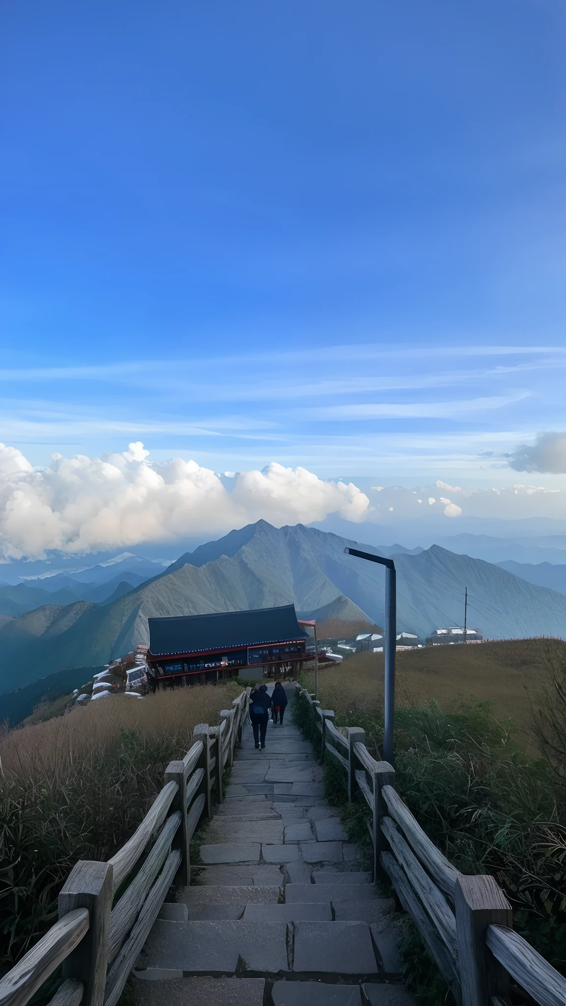 There is a wooden walkway that leads to a mountain,The background is a mountain, 8 k''. filling of the view, View, time to climb the mountain path, during sunrise, Observation deck, 8 k''. filling most of the view, taken with sigma 2 0 mm f 1. 4, like jiufen, Far view, 8 k'' )