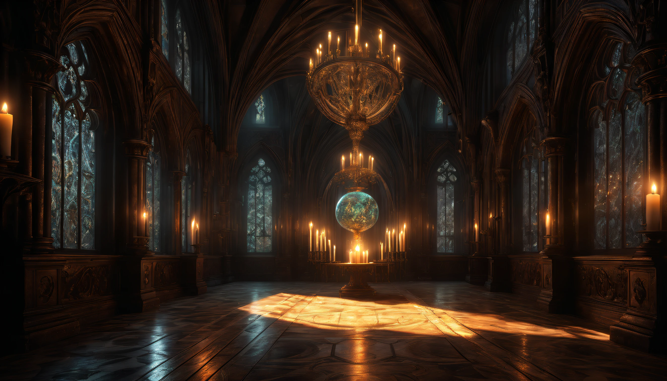 (In the dimly lit halls of a gothic magical academy:1.3), an enigmatic wizard, pulsating sphere glow revealing glimpses of forgotten knowledge. Surrounding the wizard are ornate tapestries and flickering candles, evoking an atmosphere of arcane intrigue., Realism, god rays, ray tracing, reflection light, glowing light, god rays, reflection light, Realism, highres, 16k, best quality, textured skin, super detail, highres, best quality, textured skin, 16k