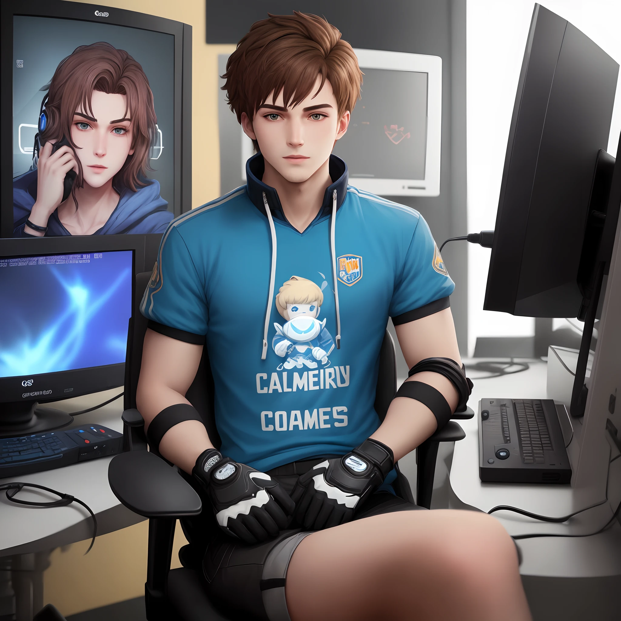 Cyrus is a doll depicted as a hardcore gamer in a blue chair, with computers and other machines with pictures of in-game characters behind them. He has brown hair covering his face and is shown holding a trophy. Ele veste uma camisa azul com logotipo amarelo e gola preta. on his right hand, he wears a glove similar to the NES electric glove.