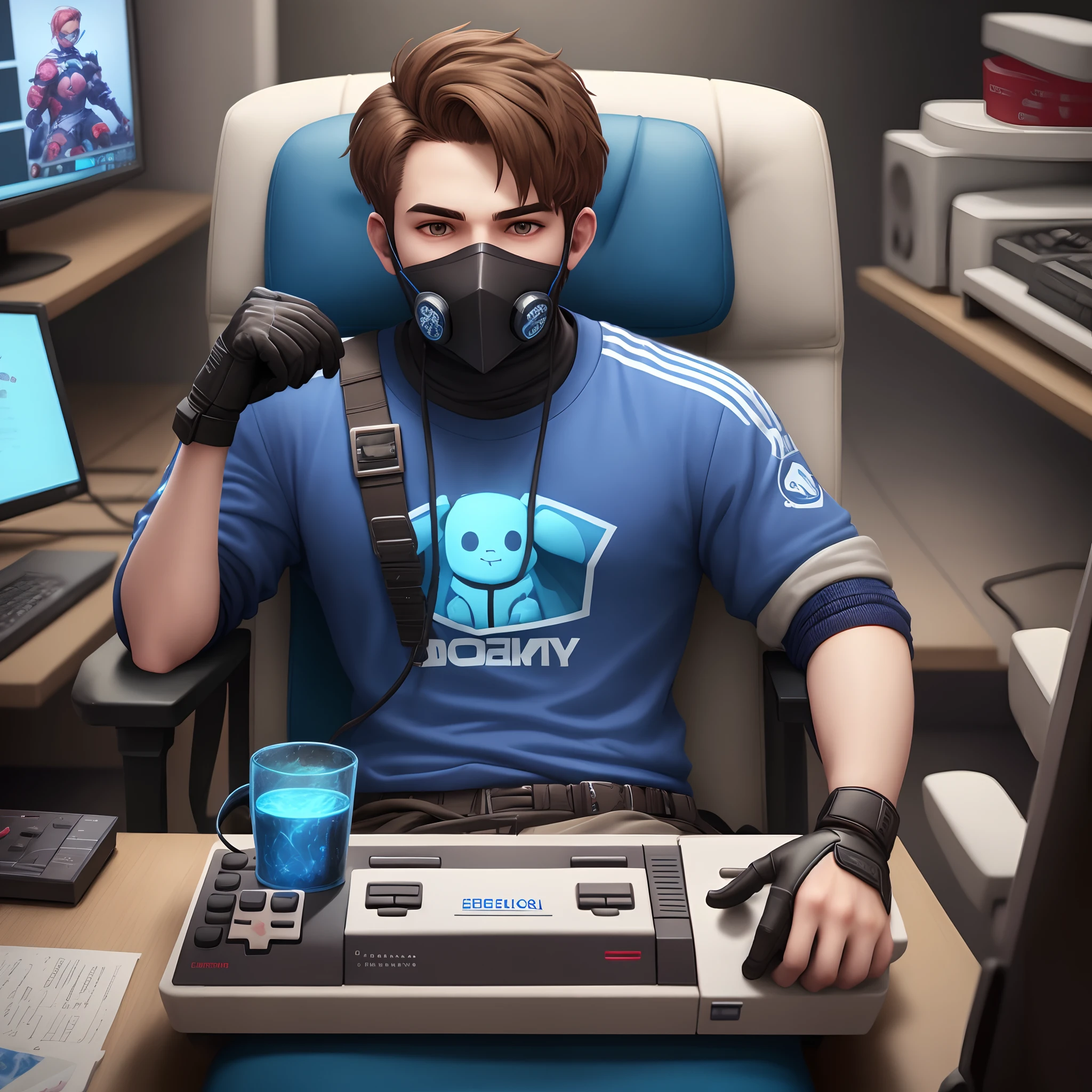 Cyrus is a doll depicted as a hardcore gamer in a blue chair, with computers and other machines with pictures of in-game characters behind them. He has brown hair covering his face and is shown holding a trophy. Ele veste uma camisa azul com logotipo amarelo e gola preta. on his right hand, he wears a glove similar to the NES electric glove.