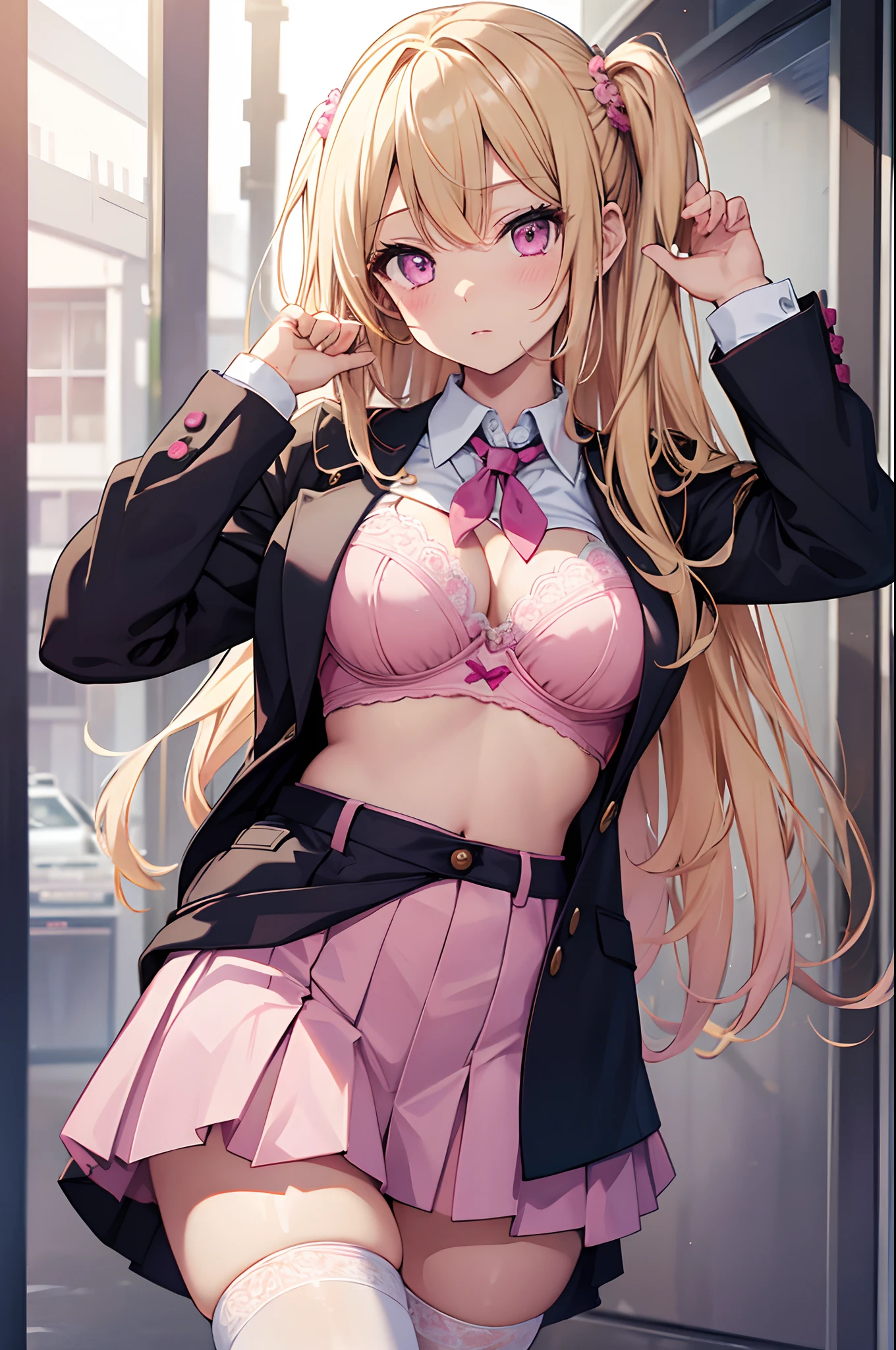 masterpiece, high quality, 1girl, gyaru, blonde hair, pink eyes, school uniform, thighhighs, pink bra