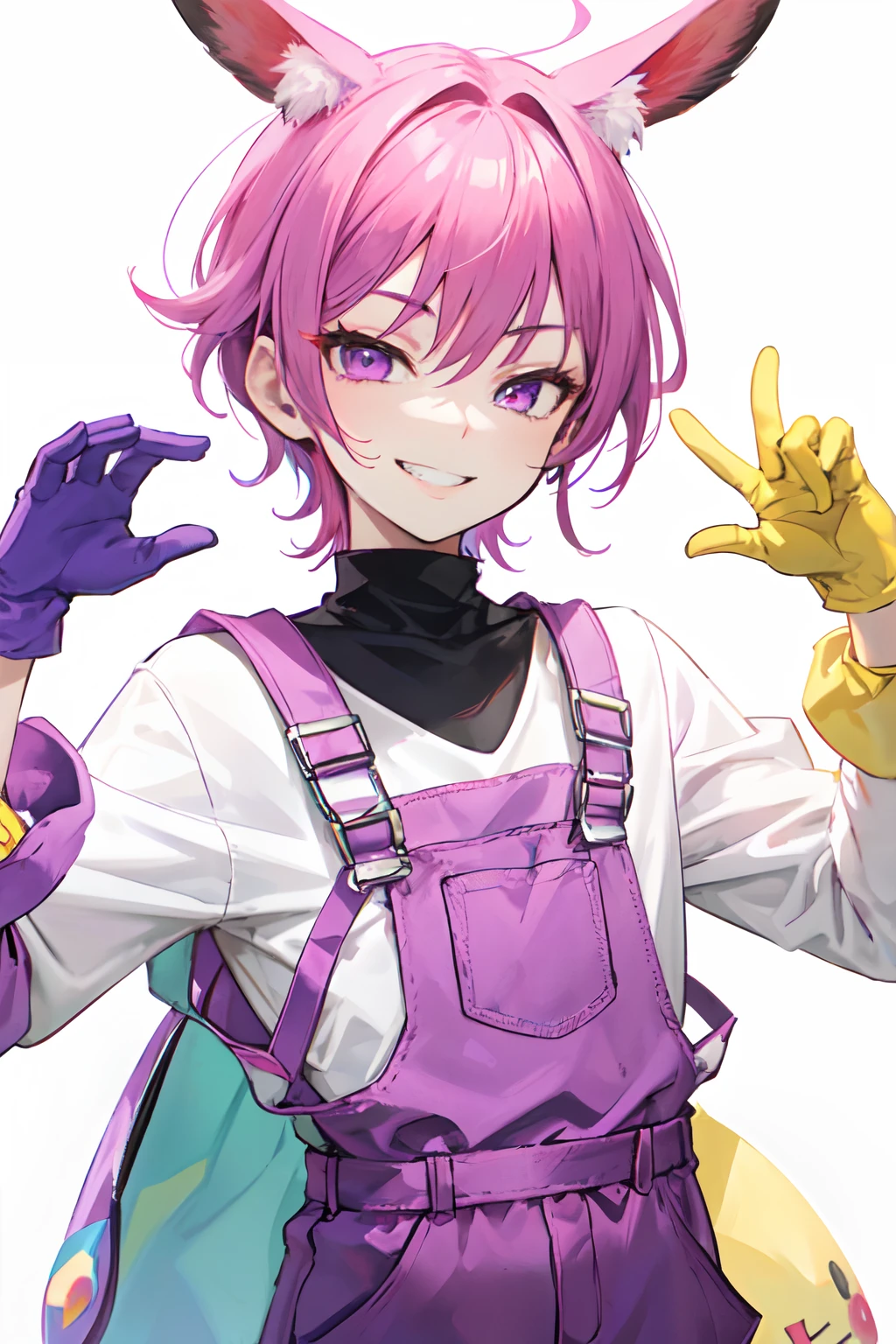 kpop boy wearing a soft purple turtle neck outfit, with a pink fuchsia-colored overalls , yellow gloves, smile with teeth, purple rabbit ear, smirk rizz face