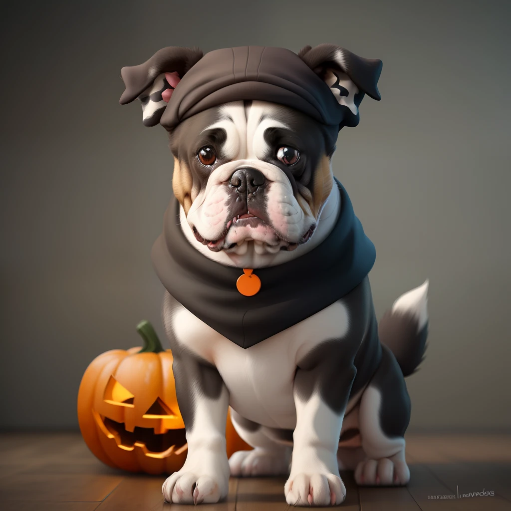 Pixar animation of black and white bulldog with Halloween costume