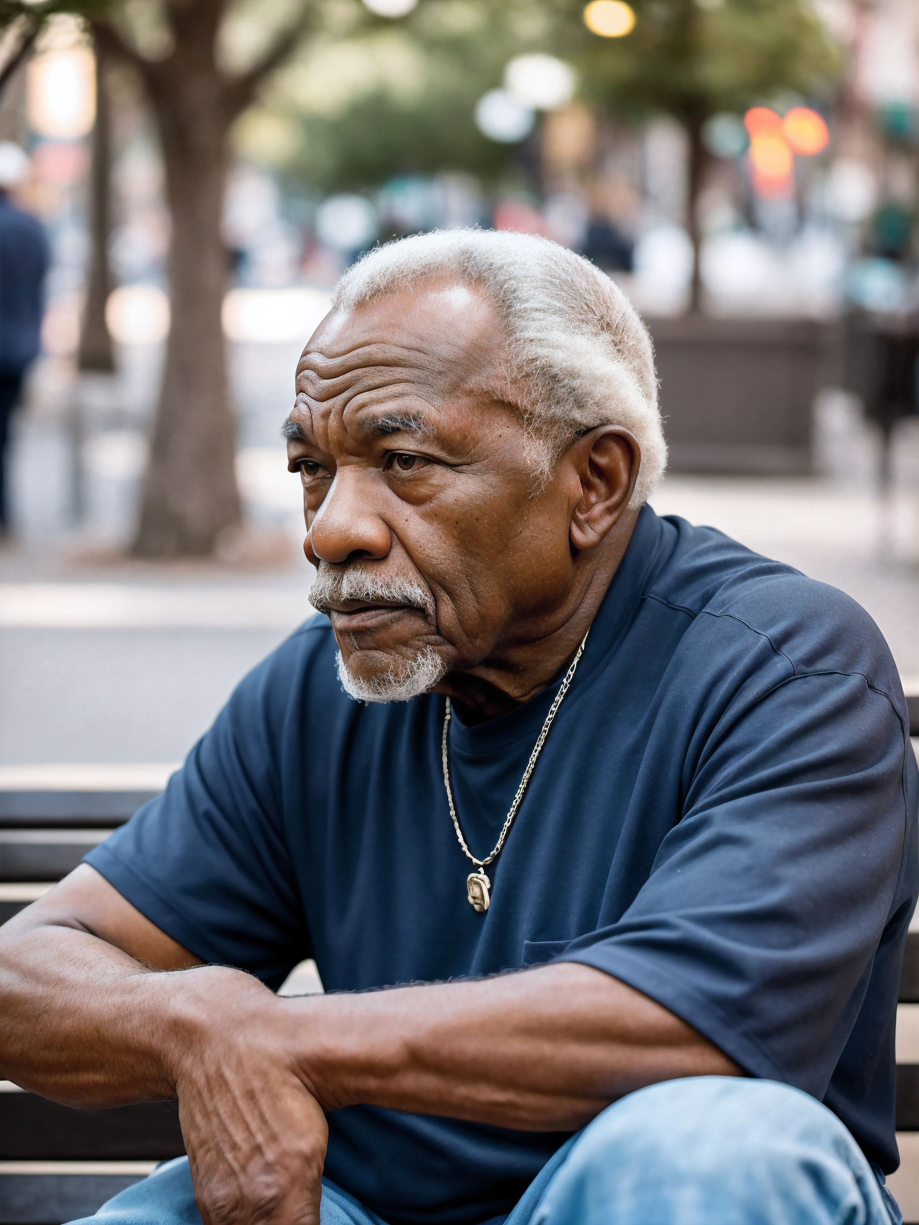 AS-Elderly old black man sitting on a bench downtown New Orleans, 200mm zoom lens f/1.4 (masterpiece:1.2) (photorealistic:1.2) (bokeh) (best quality) (detailed skin:1.3) (intricate details) (8k) (HDR) (analog film) (canon d5) (cinematic lighting) (sharp focus)