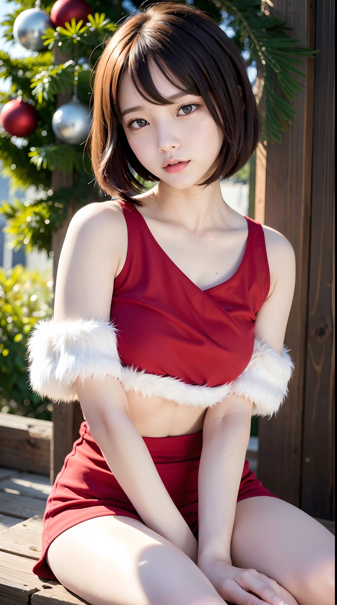 Short tops:1.5、Sit with your knees:1.3、Looking at the camera:1.5、Santa Claus in a micro mini skirt:1.5、Christmas:1.5、Christmas tree、A slender:1.5、Blur the background:1.5、(yinchuan:1.5)、bob cuts:1.5、Colossal tits、14years、 Lori、A smile:1.5、masterpiece, top-quality, Raw photo, Photorealsitic, faces, unbelievable Ridiculous, beautiful a girl, cute little, shorth hair, depth of fields, hight resolution, ultra-detailliert, finely detail, ighly detailed, extremely detailed eye and face, Sharp pupils, Realistic pupils, Cinematic lighting