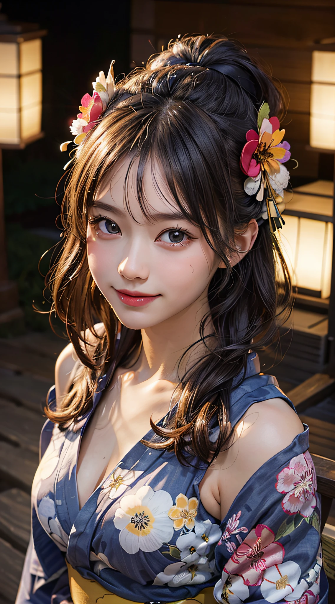(1young girl), Extremely cute face, Amazing face and eyes, (Highly detailed eyes, Highly detailed face), fresh, Very clean appearance, (Hyper-realistic, hight resolution), (Best Quality:1.4), Raw photo, (Realistic, Photorealsitic:1.37), Professional Photography, (floral pattern yukata:1.5), (Open yukata), (cleavage:1.2), (Bare shoulders), Smile slightly, (Staring at me), Bedroom, girl portrait,