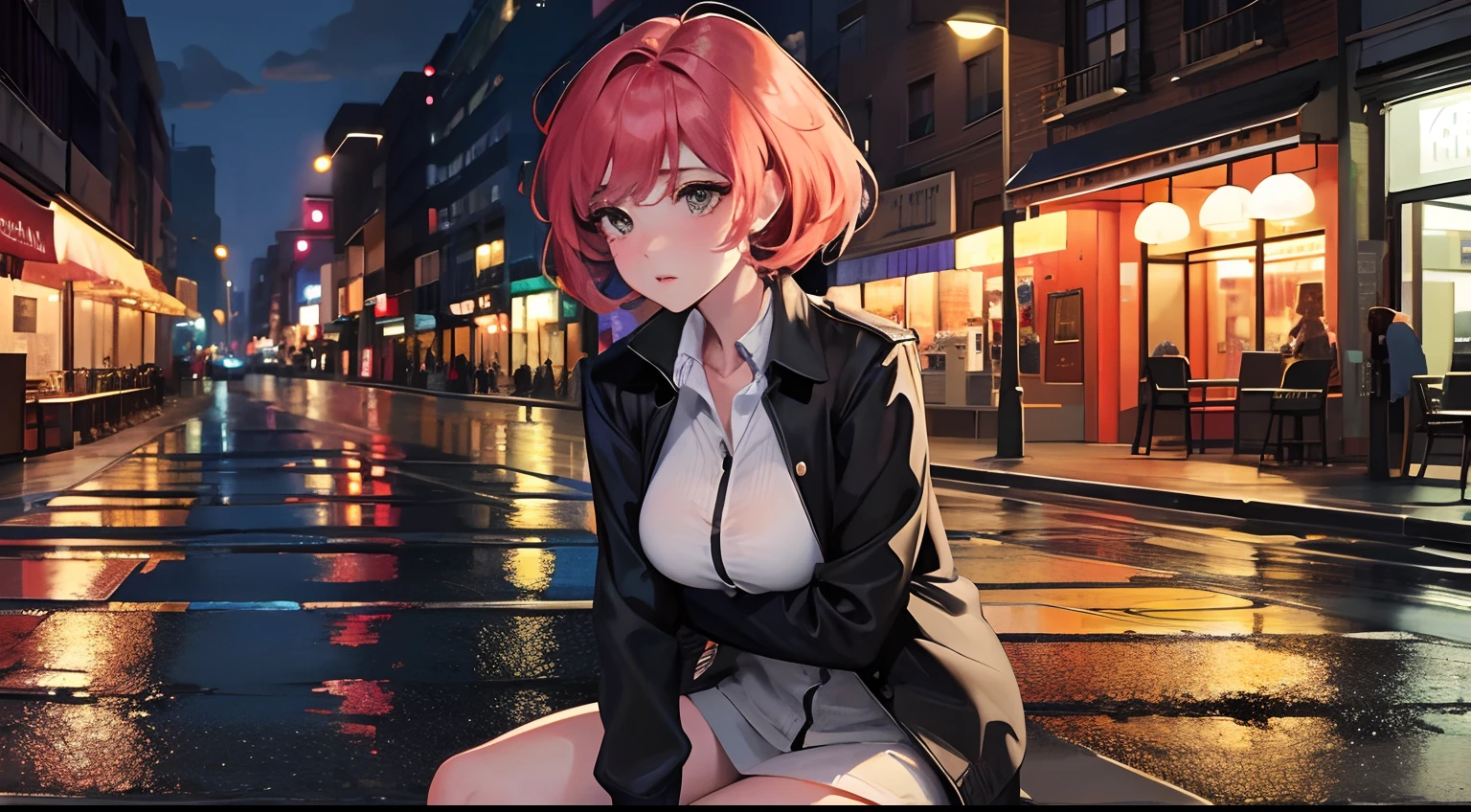 Street at night, girls, mature woman, Big breasts, Pretty face, Get in good shape, Big buttocks, Woman sitting on the street, natta, Detail, Lo-Fi, 2.5d, OfficeLook, facial expression, Absorbed in work, Background with, office, Street, heads, black, heads, yellow, dawn, rainy night, a pretty woman