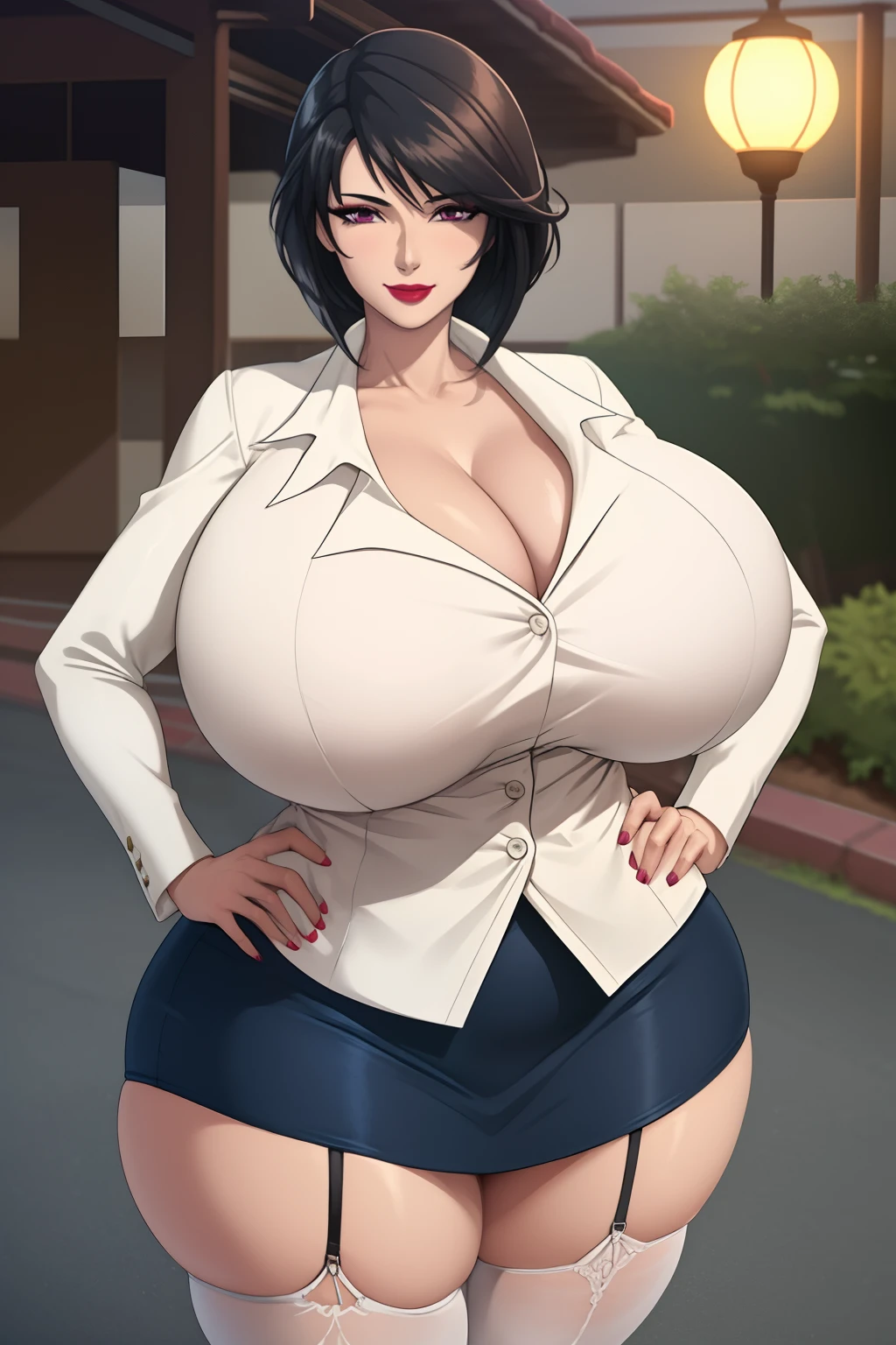 (masterpiece, highres, high quality:1.2), intricate details, cinematic lighting, ambient occlusion,
WakatsukiRisa, 1girl, solo, mature female, cowboyshot, standing, hands on hips, park, evening, sunset, 
naughty face, smile,
black hair, short hair, makeup, lipstick, eyelashes, purple eyes, detailed eyes, perfect face,
white shirt, pencil skirt, thighhighs, garter straps, 
huge breasts, thighs, cleavage, narrow waist, wide hips, thick thighs, huge ass, enormous huge natural breasts, cleavage, mature mom.