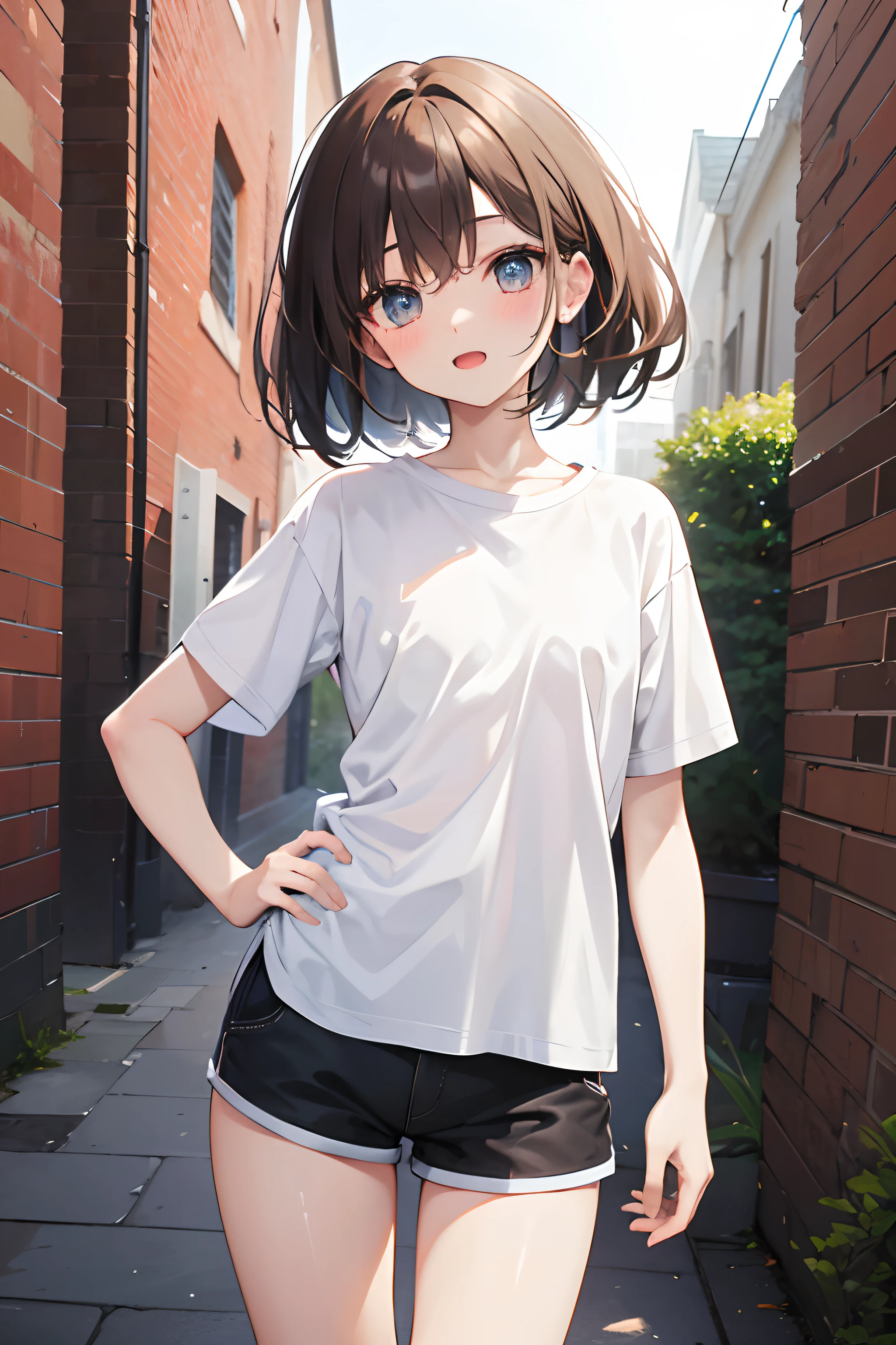 ((Masterpiece)), (Professional Photography:1.2), (High Definition:1.3), portrait shot, best quality, 8K, (from front), ((simply white T-shirt)), cute teenage girl, super cute face, open mouth wide, (pale brown medium hair), silky hair, (flat chest), blush, smile, standing proudly, against the ragged Brick walls background, place both hands on hip, hide a short pant, (exposed thigh), beautiful big eyes