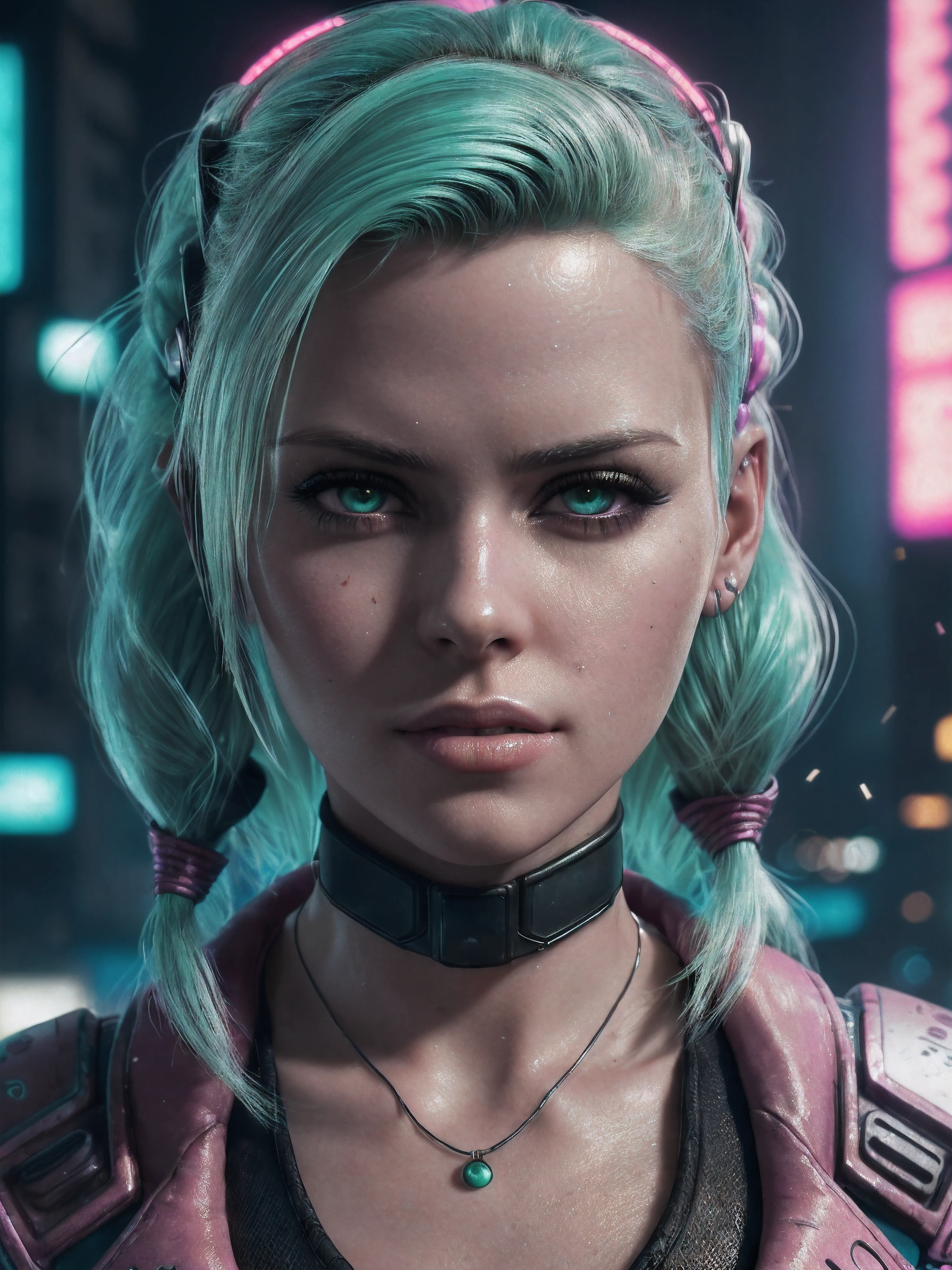 extreme closeup portrait of beautiful (80s cyberpunk:1.3) woman (ChloeNobodySD15) neon green hair pigtails lips pressed (serious:1.2) look (bright side light rim light:1.2) net runner jacket deep dark shadows dramatic camera angle high contrast color grading (masterpiece:1.2) (photorealistic:1.2) (bokeh:1.2) (best quality) (detailed skin:1.3) (intricate details) (8k) (HDR) (cinematic lighting) (sharp focus) (80sDarkFantasySD15b:1.2)