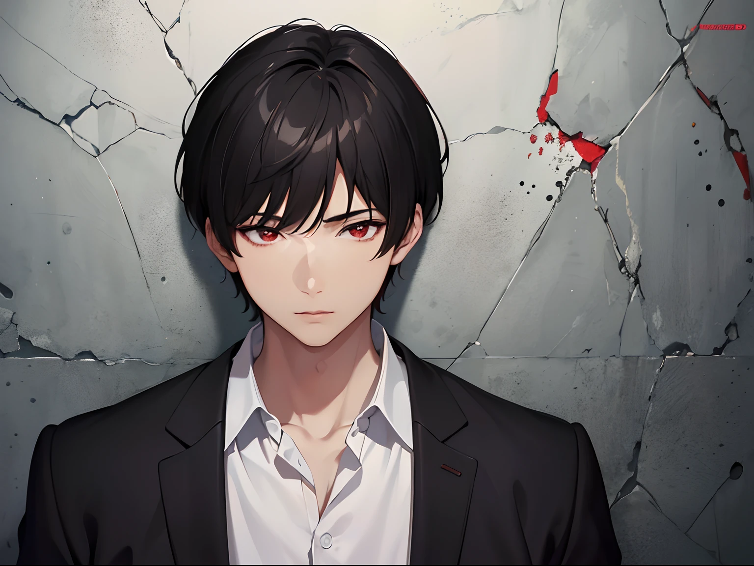 masterpiece, best quality, 1boy, black hair, red eyes, white shirt, mugshot, wall background, detailed eyes, detailed facial features, realistic and high resolution (best quality, 4k, 8k, highres, masterpiece:1.2).