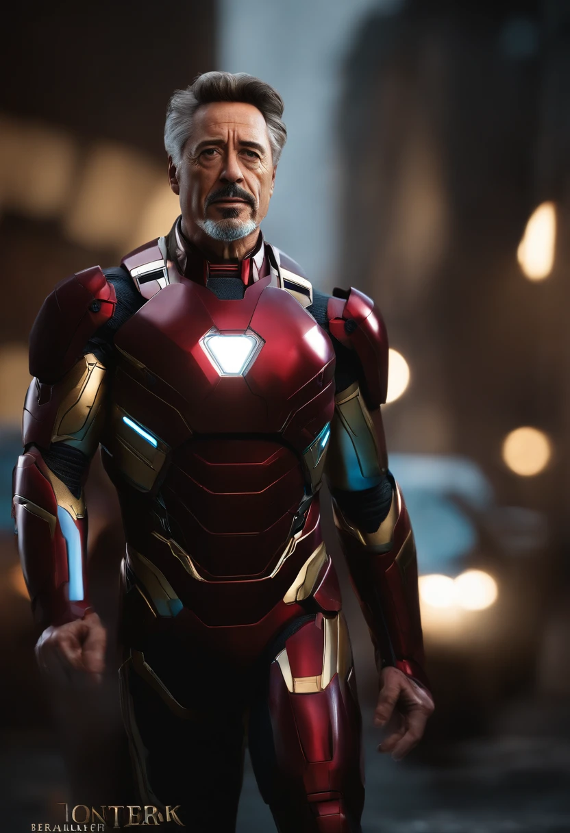 Marvel, Old man Tony Stark, realistically, dynamic lights, old, gray stubble, full shoot, (extremely detailed CG unity 8k wallpaper), trending on ArtStation, trending on CGSociety, High Detail, Sharp focus, dramatic, photorealistic