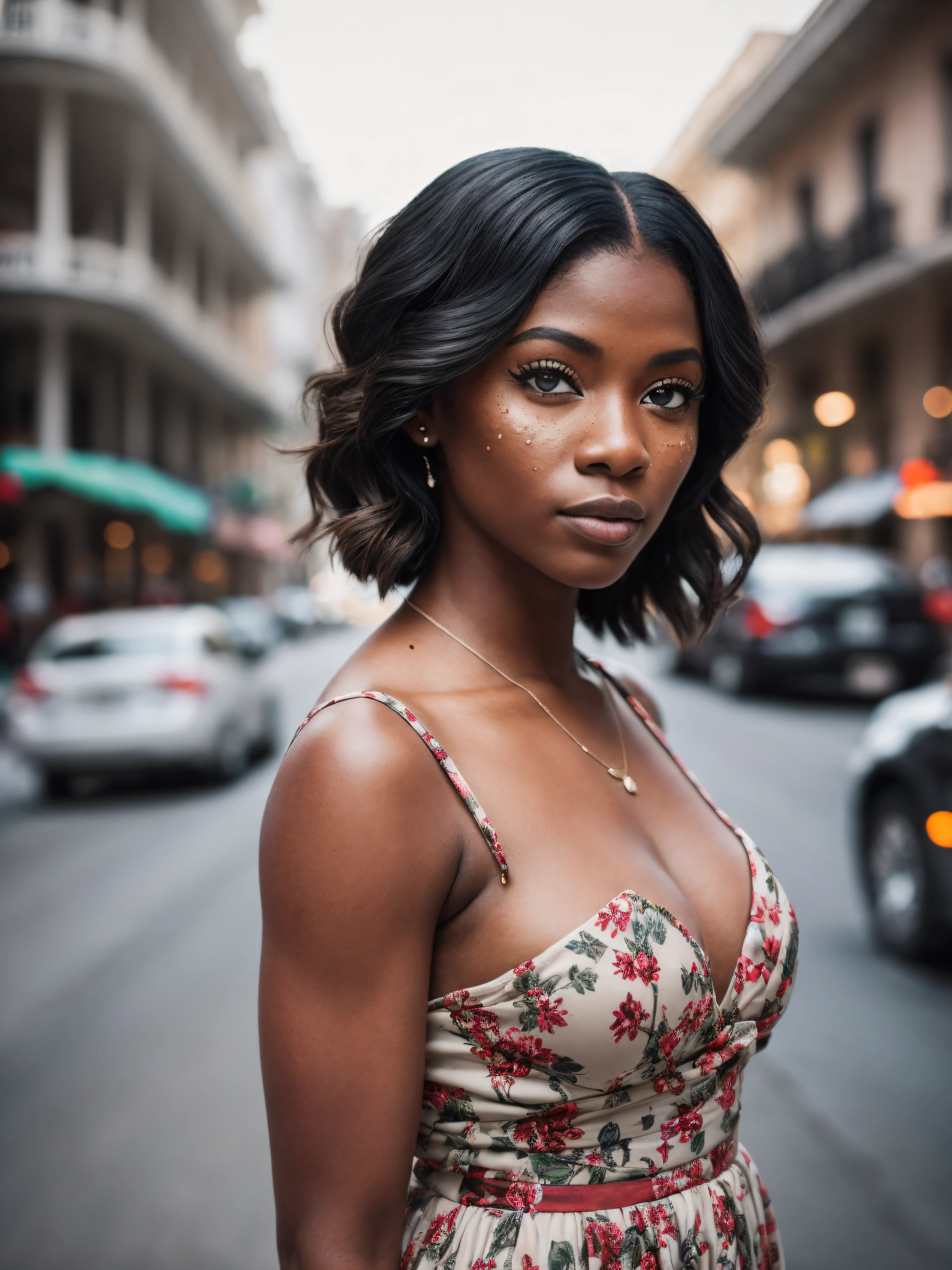 black woman street photography downtown New Orleans, 200mm zoom lens f/1.4 (masterpiece:1.2) (photorealistic:1.2) (bokeh) (best quality) (detailed skin:1.3) (intricate details) (8k) (HDR) (analog film) (canon d5) (cinematic lighting) (sharp focus)