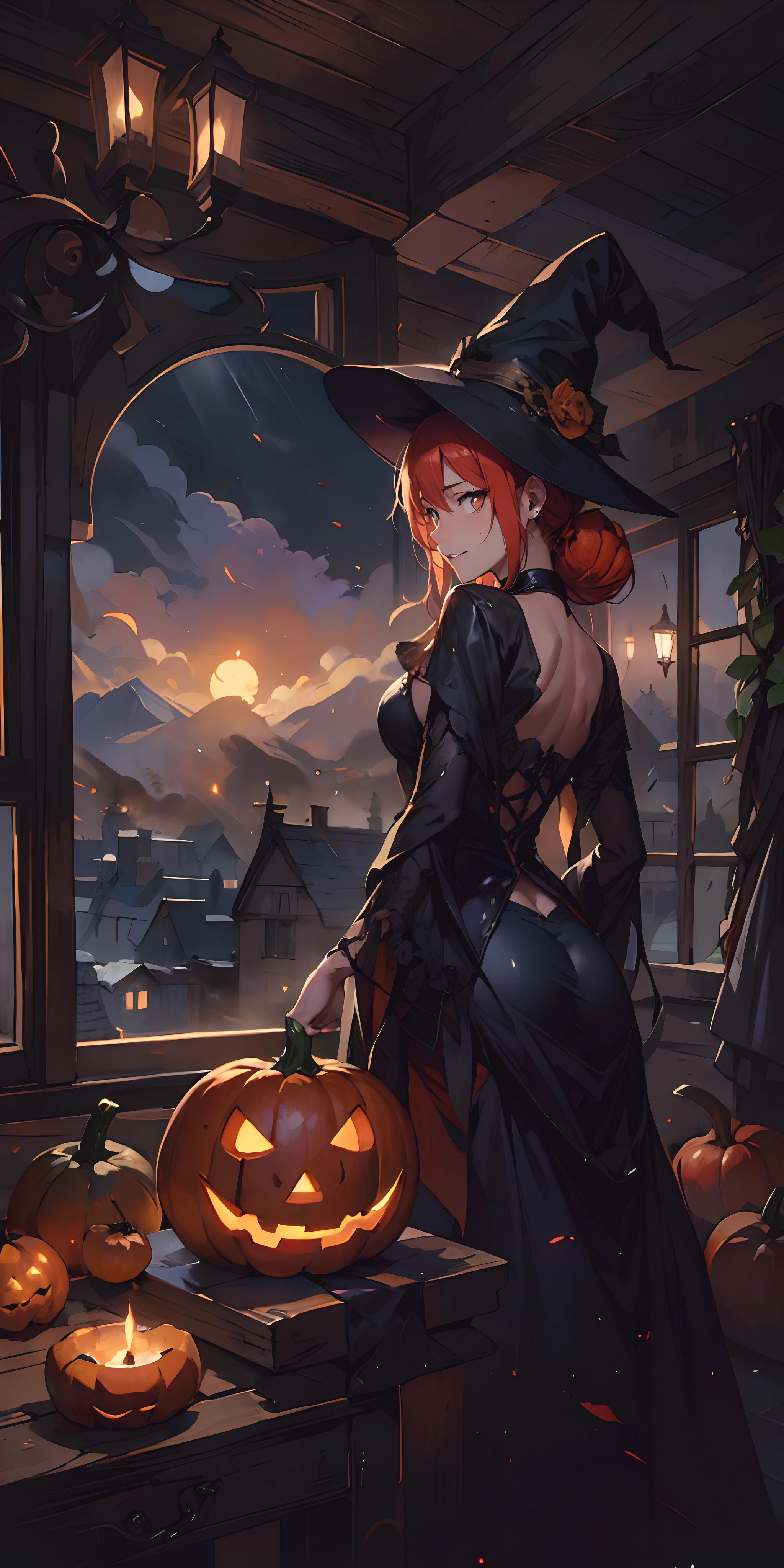 epic art, fantasy, jack-o'-lantern, pumpkin, breasts, halloween, 1girl, witch_hat, detached_sleeves, solo, cleavage, large_breasts, bare_shoulders, lantern, looking_at_viewer, food, night, indoors, dress, fur_trim, window, holding, "long shot scenic professional photograph of {prompt}, perfect viewpoint, highly detailed, wide-angle lens, hyper realistic, with dramatic sky, polarizing filter, natural lighting, vivid colors, everything in sharp focus, HDR, UHD, 64K", anime coloring, anime screencap, steaming body, fog, heavy breathing,