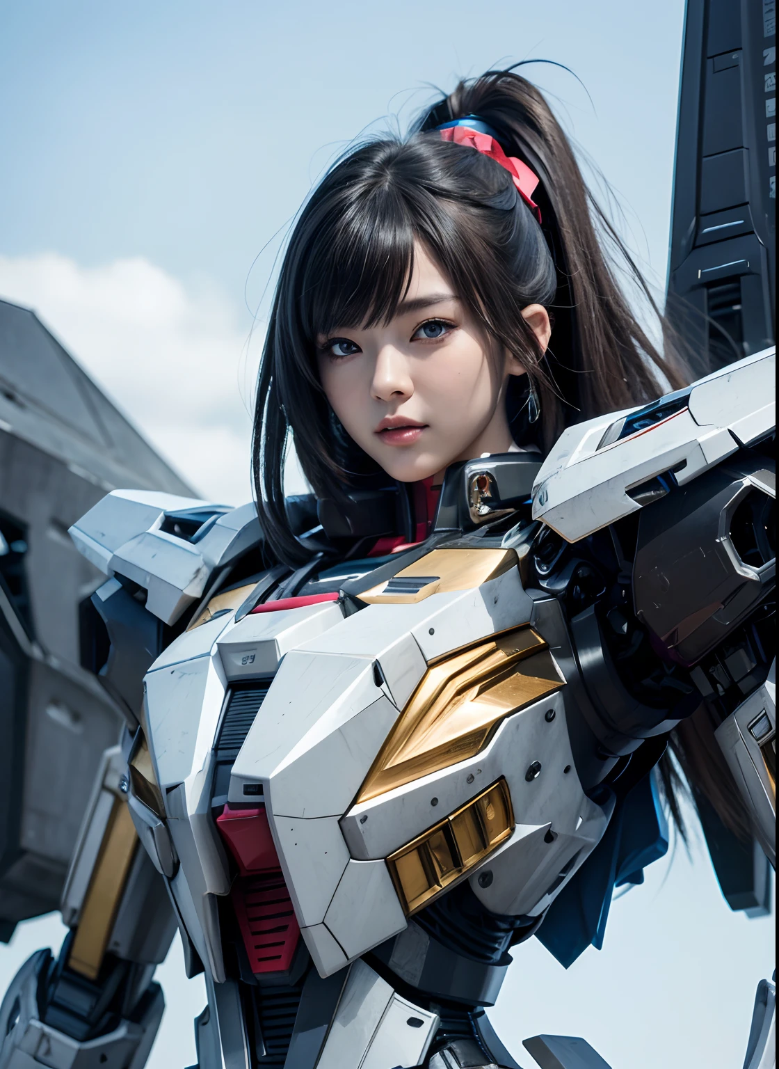 Textured skin, Super Detail, high details, High quality, Best Quality, hight resolution, 1080p, hard disk, Beautiful,(Gundam),(Superheroine),beautiful cyborg woman,Mecha Cyborg Girl,Battle Mode,Girl with a Mecha Body,She wears a futuristic Gundam mecha,Fulll body Shot