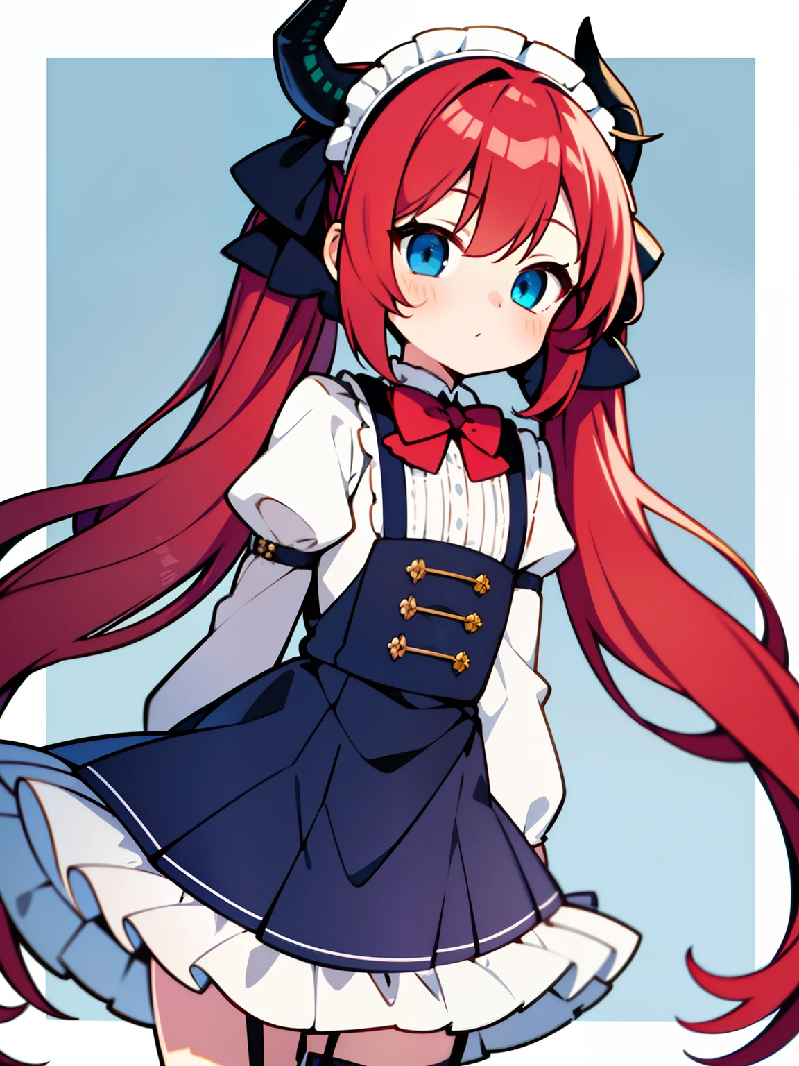 {{best quality}}, {{masterpiece}}, {{ultra-detailed}}, {illustration}, {detailed light}, red hair,blue eyes,twintails,lolita,Suspenders skirt,Fantastic,loli,solo,Dragon horns, girl,long hair