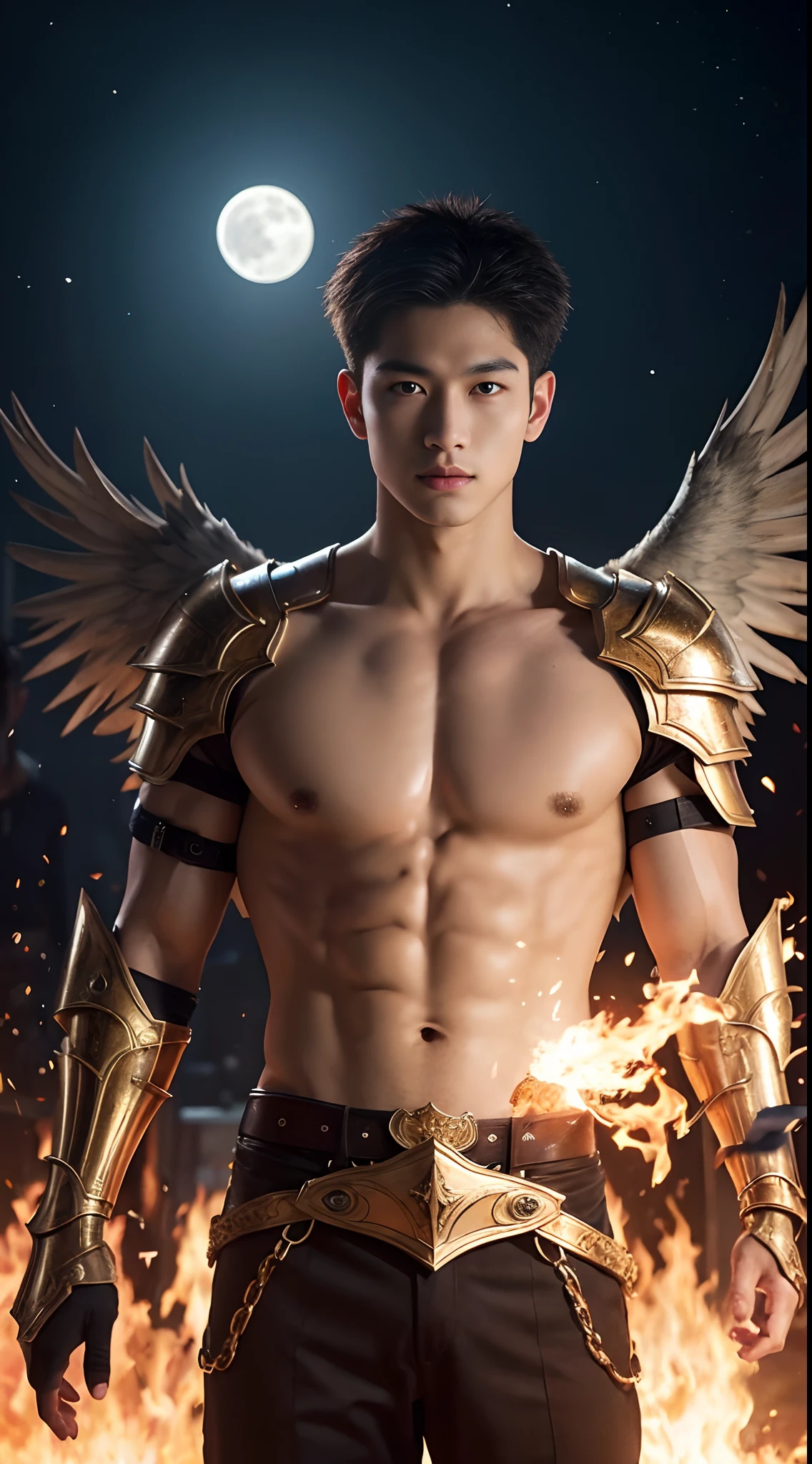 A asian boy like Mighty Archangel Michael,19 years old, handsome, Full Body Shoot, Short Quiff hairstyle, (eyes contact), look at camera, detailed facial parts, Manly, with a muscular constitution :: high detail, is in battle armor, flaming blue sword of golden pearls, a flaming sacred aura radiating from his body, without wings, moon background, surreal, fantasy, magical, intricate details, (dynamic upper body posture: 1.1), depth of field. Best quality, masterpiece, ultra high resolution, (anime realism, photorealistic: 1.4), perfect composition, centered, symmetry