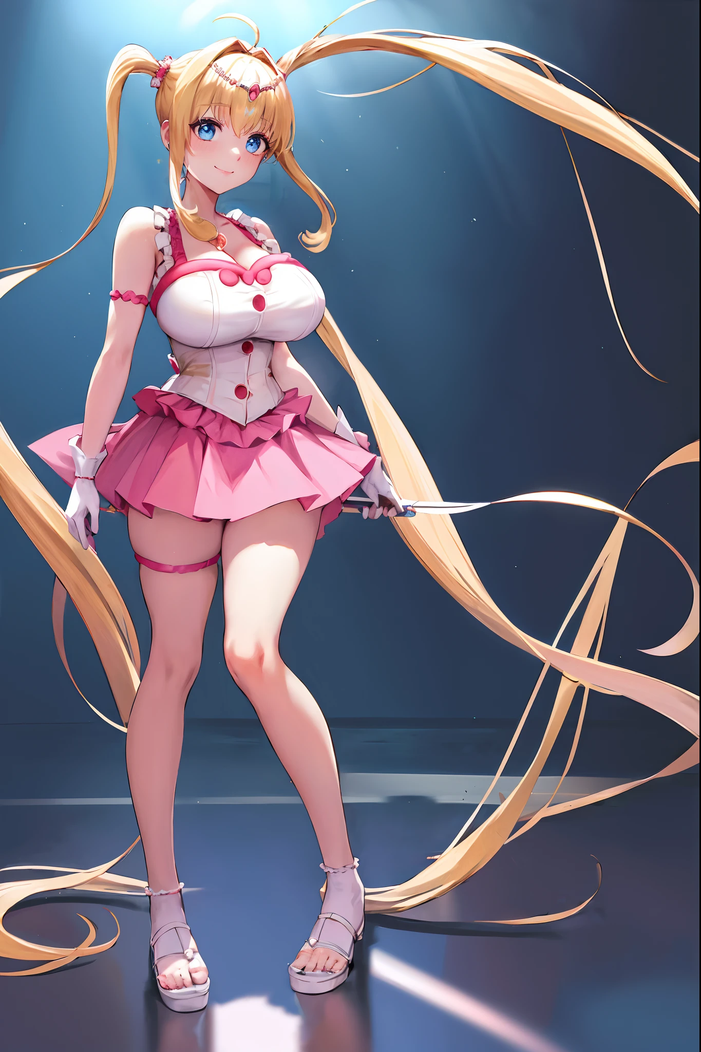 masterpiece, best quality, highres, hmnl, hmnl, twintails, tiara, blue eyes, idol, dress, gloves,(best quality, high-res, masterpiece:1.2), ultra-detailed,1.37, portraits, vivid colors, studio lighting, sharp focus, physically-based rendering, long hair, blue eyes, beautiful detailed eyes, beautiful detailed lips, twintails, tiara, ahoge, hair ornament, idol, dress, gloves, standing, smile, huge breast, curvy, staff, long skirt, standing, full body, flipflops, larges skirt, long skirt