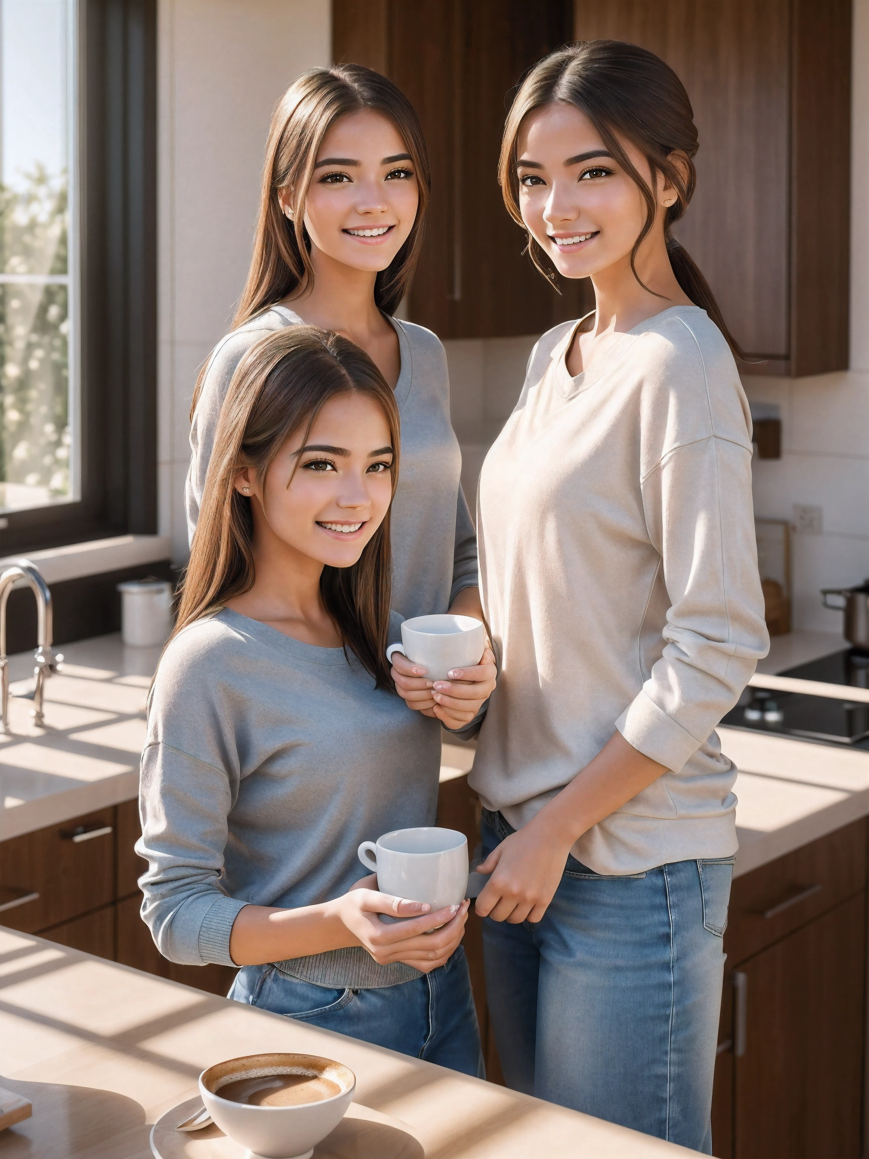 2girls women standing at a kitchen counter drinking coffee in large modern luxury home casual clothing
love warmth caring compassion loving smiling dusty bright morning sunlight shining through windows (masterpiece:1.2) (photorealistic:1.2) (bokeh) (best quality) (detailed skin) (intricate) (8k) (HDR) (cinematic lighting) (sharp focus) (Clutter-Home:1.2)