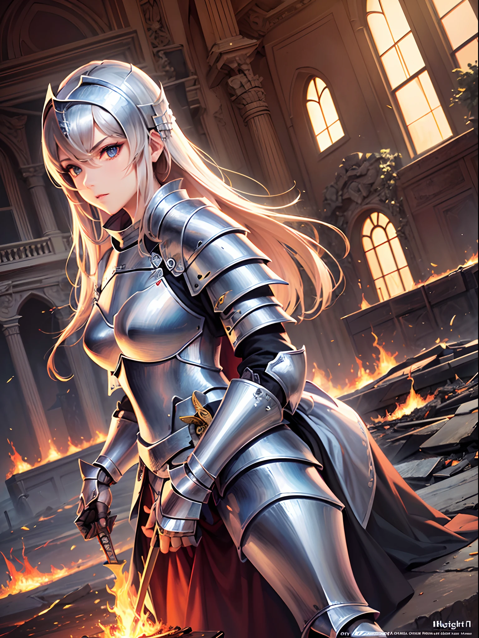 (Finest quality)),(超A high resolution),(ultra-detailliert),(Meticulous portrayal),((best pictures)),(Finest works of art),Ultra-Precision Art,The art of astounding depiction, Fantasyart:1.5,Torrent of flames, (1 Female Knight:1.5),Flaming Sword,Detailed and detailed depiction armor, Destroyed houses:1.5