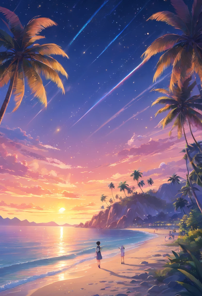 (Beautiful detailed sunset, Vibrant palm trees, Mesmerizing starry sky, Peaceful stargazing, Dreamy night sky), (Best Quality, 4K, hight resolution:1.2), Ultra-detailed, Realistic:1.37, nffsw, Vivid colors, Sharp Focus, Studio Lighting, Fine Art, landscape, Bokeh