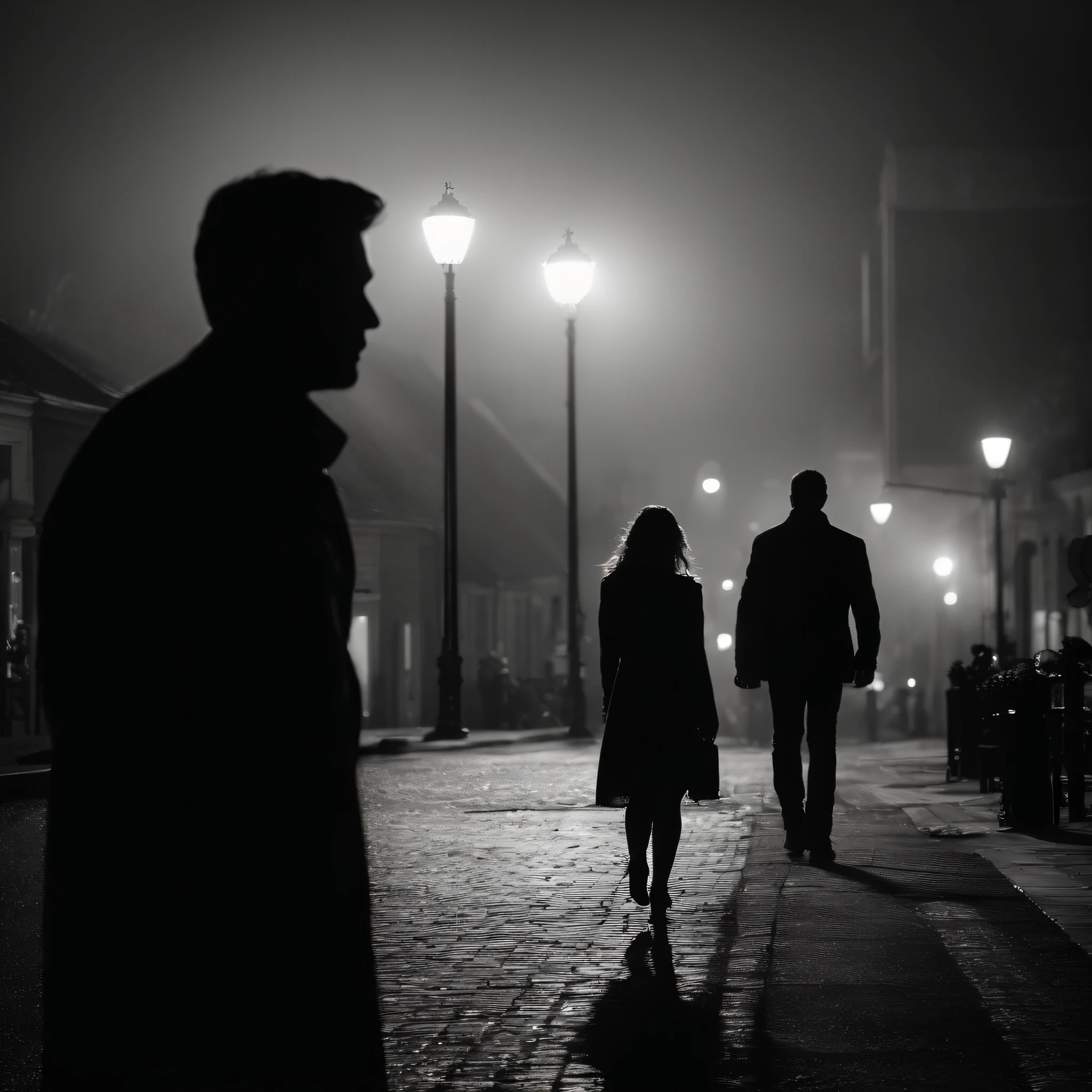 silhouette of one man watching one girl walk away, heartbroken, night time