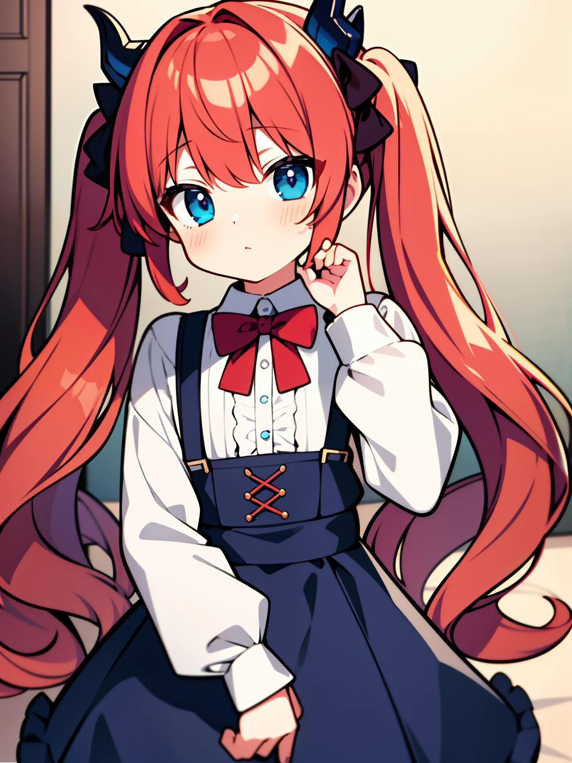 {{best quality}}, {{masterpiece}}, {{ultra-detailed}}, {illustration}, {detailed light}, red hair,blue eyes,twintails,lolita,Suspenders skirt,Fantastic,loli,solo,Dragon horns, girl,long hair