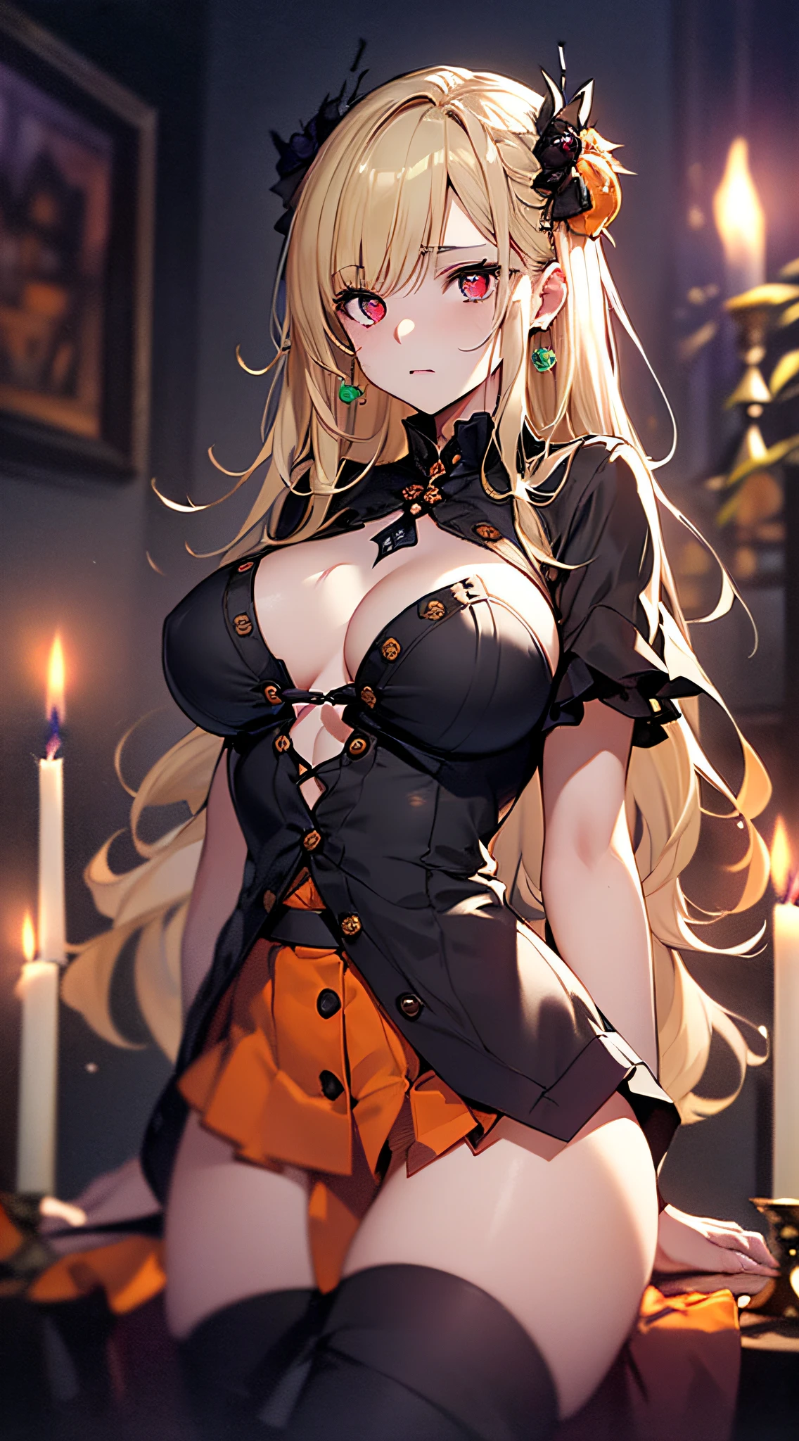 top-quality、Top image quality、​masterpiece、girl with((Beautiful fece、20yr old、Best Bust、big bast、Bust 85,Red eyes to issue、Breasts wide open,Valley、Blonde long hair、A slender、Black Y-shirt with the second button open、Blackberry Short Skirt、Large valleys、Hands behind your back、Close distance、bending forward)）hiquality、Beautiful Art、Background with((darkened room、candle)),Depth((Halloween Footage))masutepiece、visualart、depth of fields、