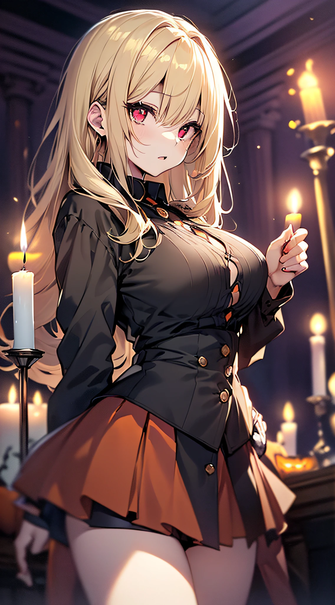 top-quality、Top image quality、masterpiece、girl with((Beautiful fece、20yr old、Best Bust、big bast、Bust 85,Red eyes to issue、Breasts wide open,Valley、Blonde long hair、A slender、Black Y-shirt with the second button open、Blackberry Short Skirt、Large valleys、Hands behind your back、Close distance、bending forward))hiquality、Beautiful Art、Background with((darkened room、candle)),Depth((Halloween Footage))masutepiece、visualart、depth of fields、