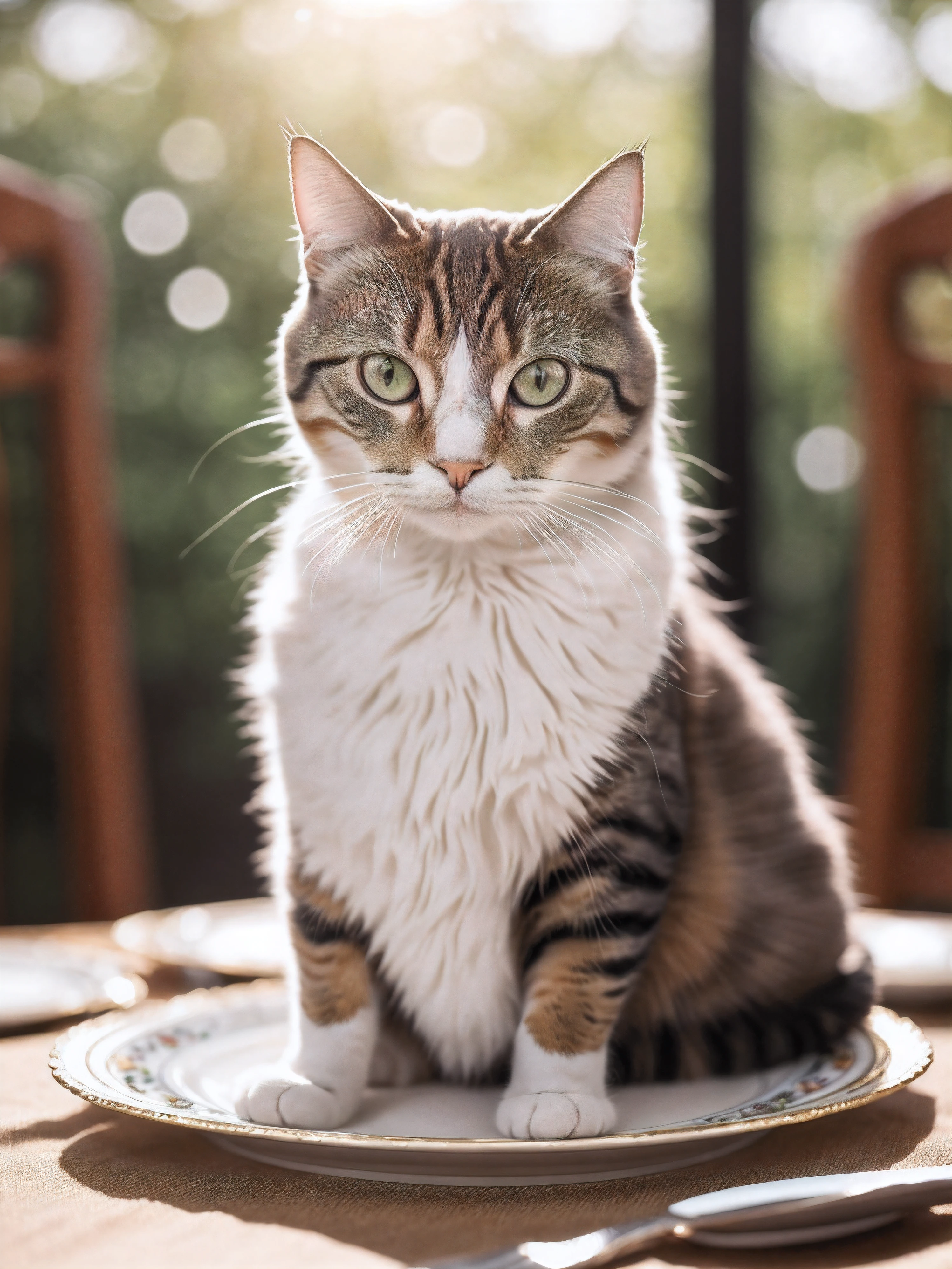 cat sitting at a fine dining table, wearing a tiny crown, crystal and porcelain plateware wealthy luxurious opulent mansion
f/1.4 200mm zoom depth of field ultra sharp photograph, (bright morning sunlight shining:1.2) (masterpiece:1.2) (photorealistic:1.2) (bokeh) (best quality) (detailed skin) (intricate) (8k) (HDR) (cinematic lighting) (sharp focus)