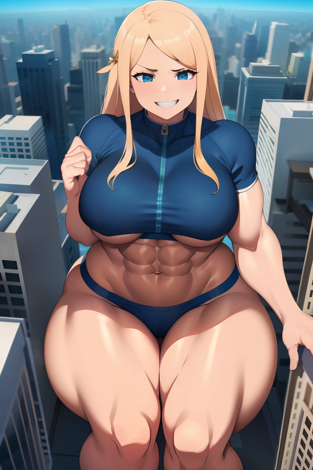 GTS, giantess, curvy, busty, grin, evil, thick thighs, abs, aerial view