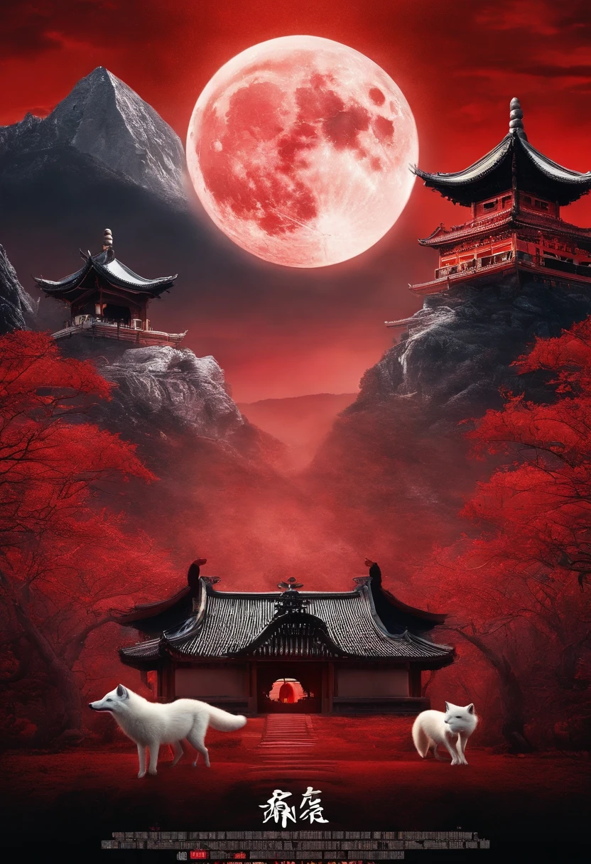 Chinese movie poster，red tint，A giant moon illuminates the entire village，The village is all covered in snowflakes，A white fox demon with 9 tails spits out a night pearl and heads towards the moon，In the lower right corner, there is a house in which several faces are peeking at the house