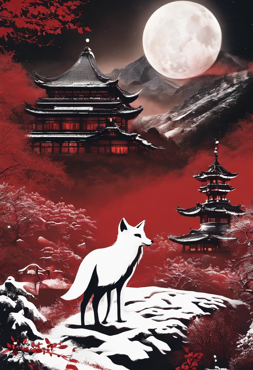 Chinese movie poster，red tint，A giant moon illuminates the entire village，The village is all covered in snowflakes，A white fox demon with 9 tails spits out a night pearl and heads towards the moon，In the lower right corner, there is a house in which several faces are peeking at the house