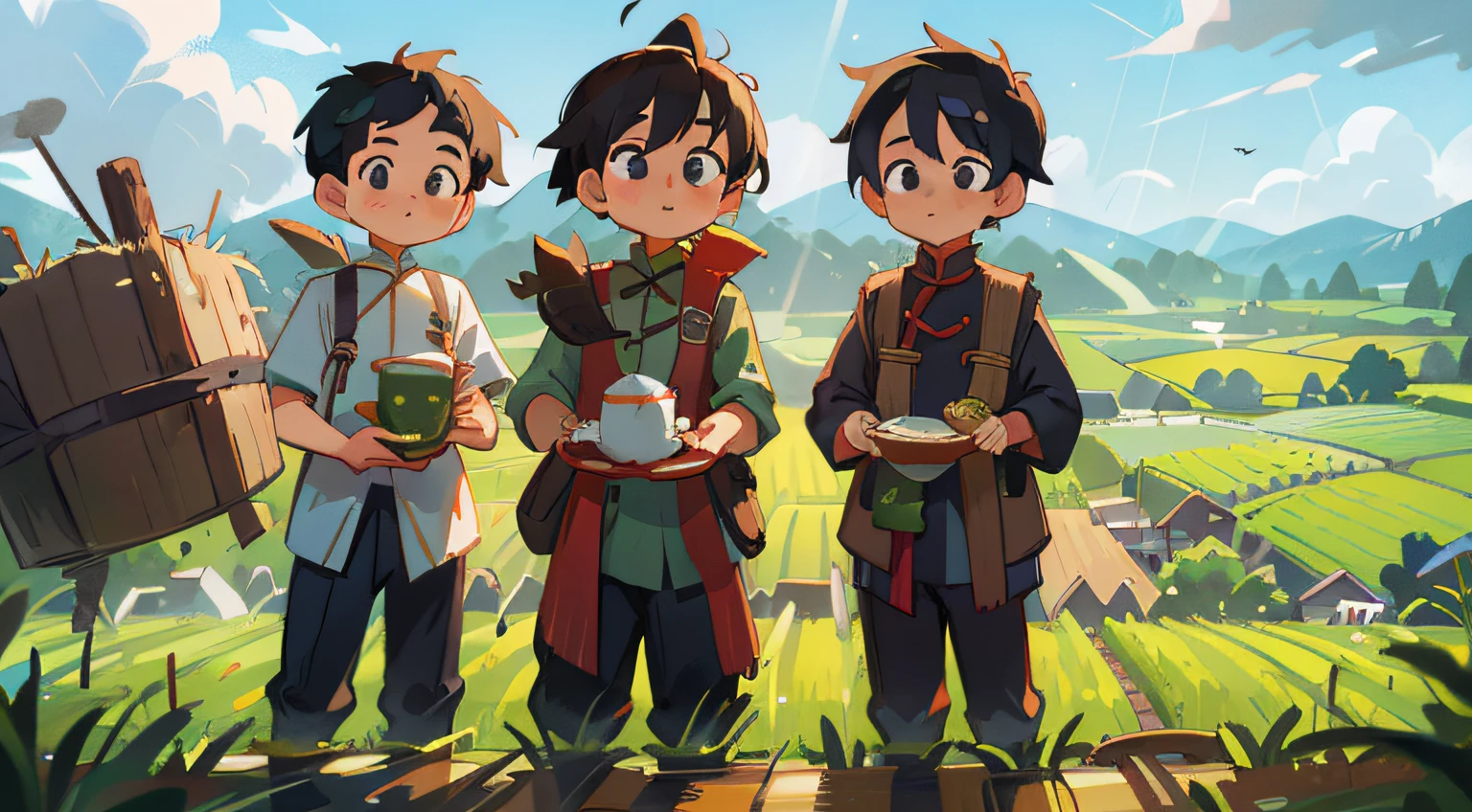 tmasterpiece, high high quality, male people, Gamine, Black hair and black eyes, An oil painting, Q version, Background of farmland, rays of sunshine, Chinese children's clothing, Depart from the village, Rice cultivation,