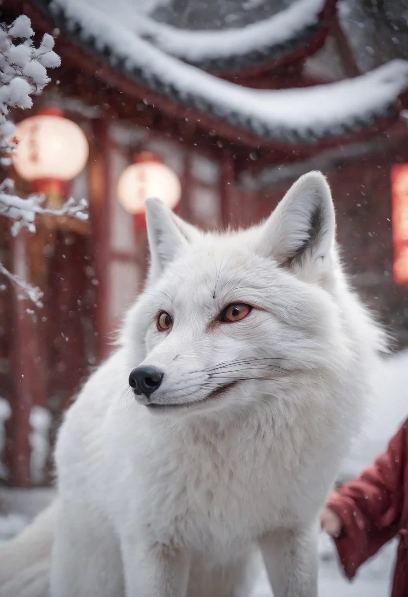 Chinese movie poster,red tint,A giant moon illuminates the entire village,The village is all covered in snowflakes,A white fox demon with 9 tails spits out a night pearl and heads towards the moon,In the lower right corner, there is a house in which several faces are peeking at the house