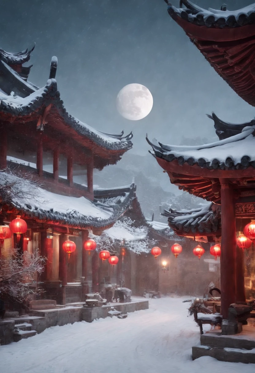 Chinese movie poster,red tint,A giant moon illuminates the entire village,The village is all covered in snowflakes,A white fox demon with 9 tails spits out a night pearl and heads towards the moon,In the lower right corner, there is a house in which several faces are peeking at the house