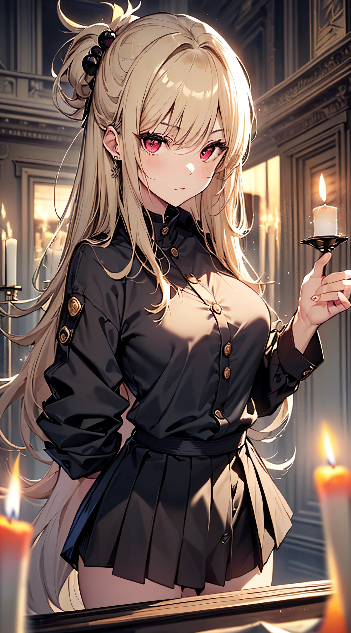 top-quality、Top image quality、masterpiece、girl with((Beautiful fece、20yr old、Best Bust、big bast、Bust 85,Red eyes to issue、Breasts wide open,Valley、Blonde long hair、A slender、Black Y-shirt with the second button open、Blackberry Short Skirt、Large valleys、Hands behind your back、Close distance、bending forward))hiquality、Beautiful Art、Background with((darkened room、candle)),Depth((Halloween Footage))masutepiece、visualart、depth of fields、