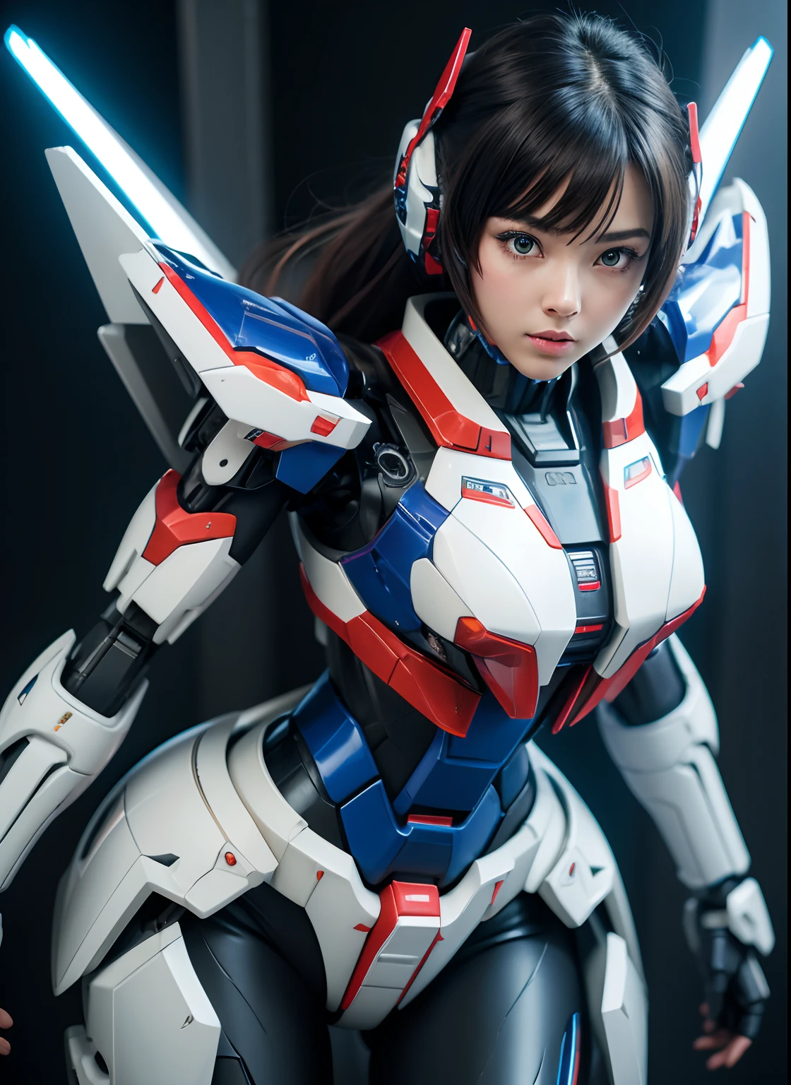 Textured skin, Super Detail, high details, High quality, Best Quality, hight resolution, 1080p, hard disk, Beautiful,(Gundam),(Superheroine),beautiful cyborg woman,Mecha Cyborg Girl,Battle Mode,Girl with a Mecha Body,She wears a futuristic Gundam mecha,Fulll body Shot
