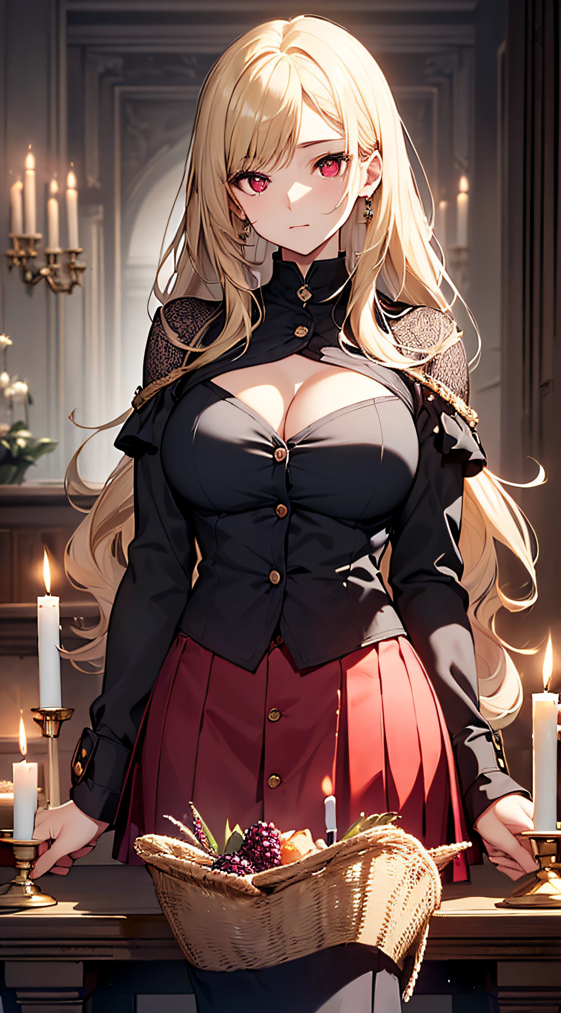 top-quality、Top image quality、masterpiece、girl with((Beautiful fece、20yr old、Best Bust、big bast、Bust 85,Red eyes to issue、Breasts wide open,Valley、Blonde long hair、A slender、Black Y-shirt with the second button open、Blackberry Short Skirt、Large valleys、Hands behind your back、Close proximity to the viewer、bending forward))hiquality、Beautiful Art、Background with((Dark home room、candle)),masutepiece、visualart、depth of fields、