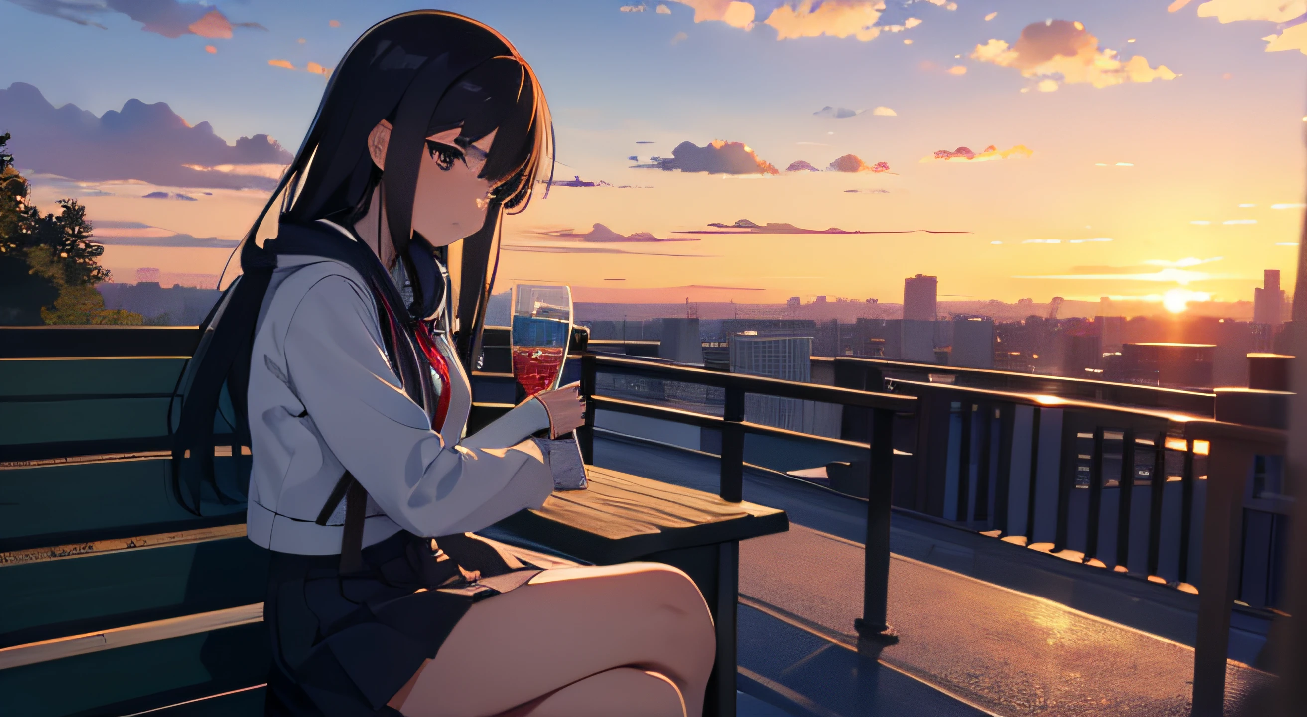 anime girl sitting on a bench watching the sunset