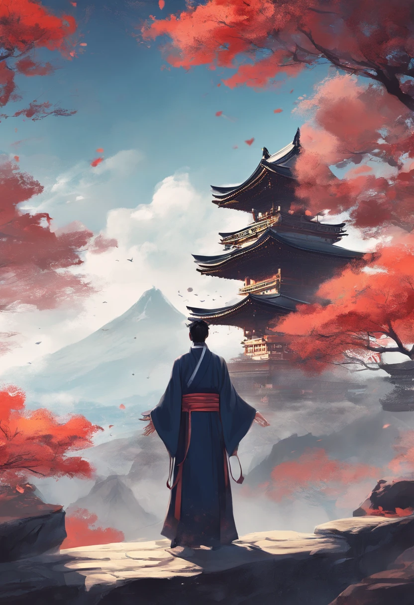 A painting depicting a person walking, There are very detailed classical Chinese phylums and plants, Mystical background, Layered sky, Red and black, Backlight, Traditional Chinese landscape style, New traditions, eastern style, James Turrell, Plants are rich in history, Fan Kuan's style, Spooky reality, And cunning. I can't believe how beautiful this is. symetrical composition, magnificent scale, strong use of negative space, facing up, one-point perspective, Realistic hyper-detail, 8K, k hd