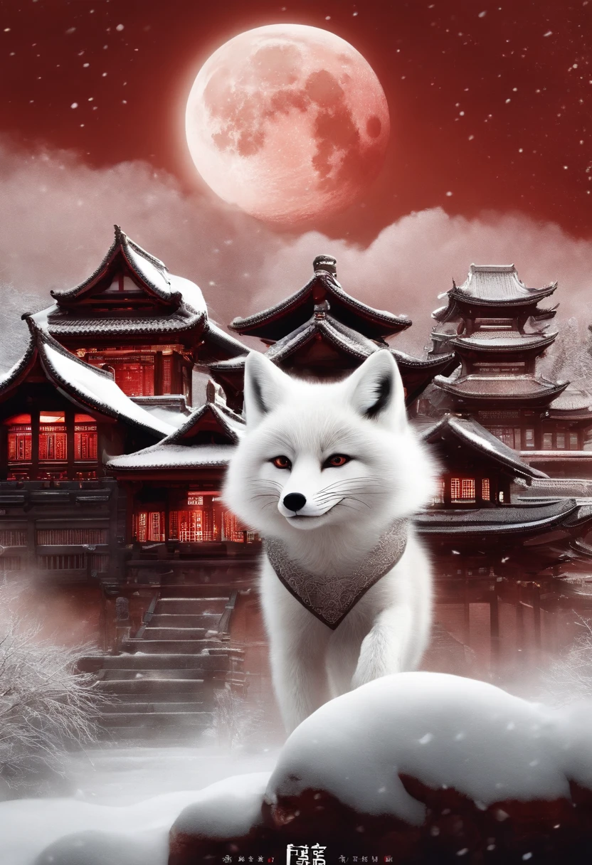Chinese movie poster，red tint，A giant moon illuminates the entire village，The village is all covered in snowflakes，A white fox demon with 9 tails spits out a night pearl and heads towards the moon，In the lower right corner, there is a house in which several faces are peeking at the house